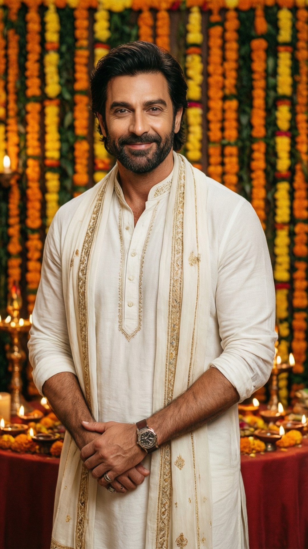 身穿白色傳統印度服裝的男子對著鏡頭微笑，背景有花卉和點燃的燈