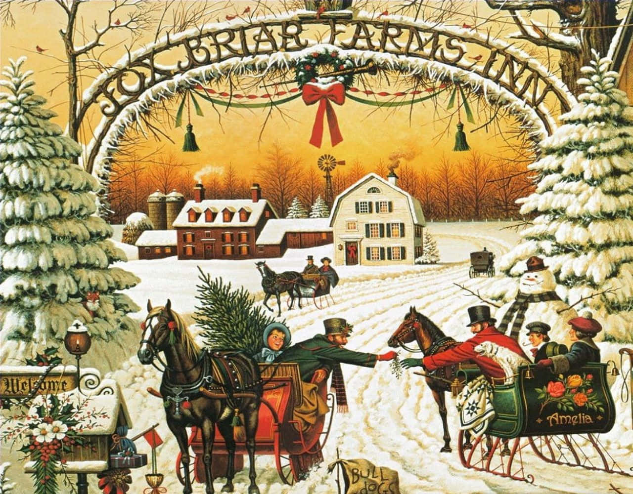 復古聖誕 桌布 壁紙 — Fox Briar Farms Inn 的節日冬季場景，有馬拉雪橇、白雪覆蓋的樹木和溫暖的金色日落。