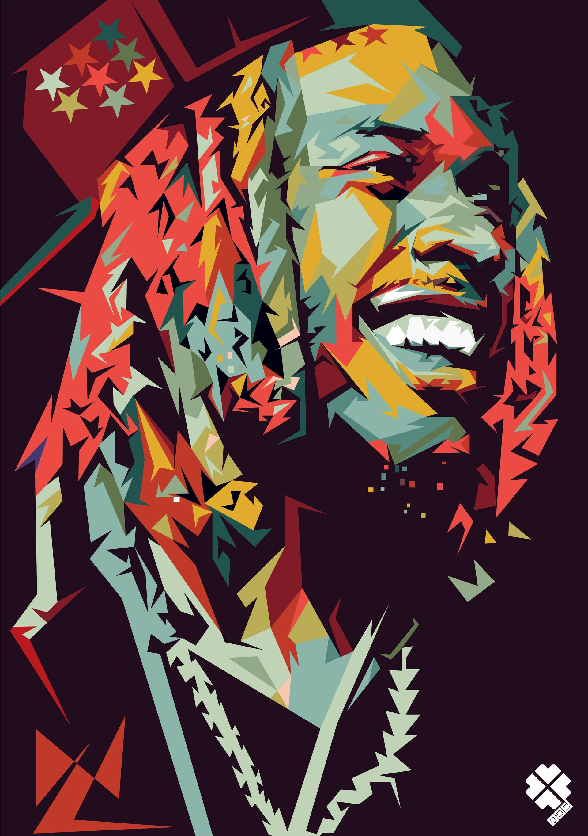 Fetty Wap 數位繪畫 壁紙 — 在深色背景上，一個微笑的男人帶有色彩繽紛的角狀碎片和星星的充滿活力的幾何肖像。