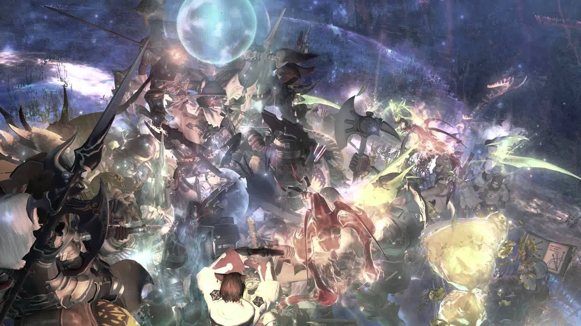 動漫戰士在月光照耀的宇宙天空下與發光生物戰鬥。