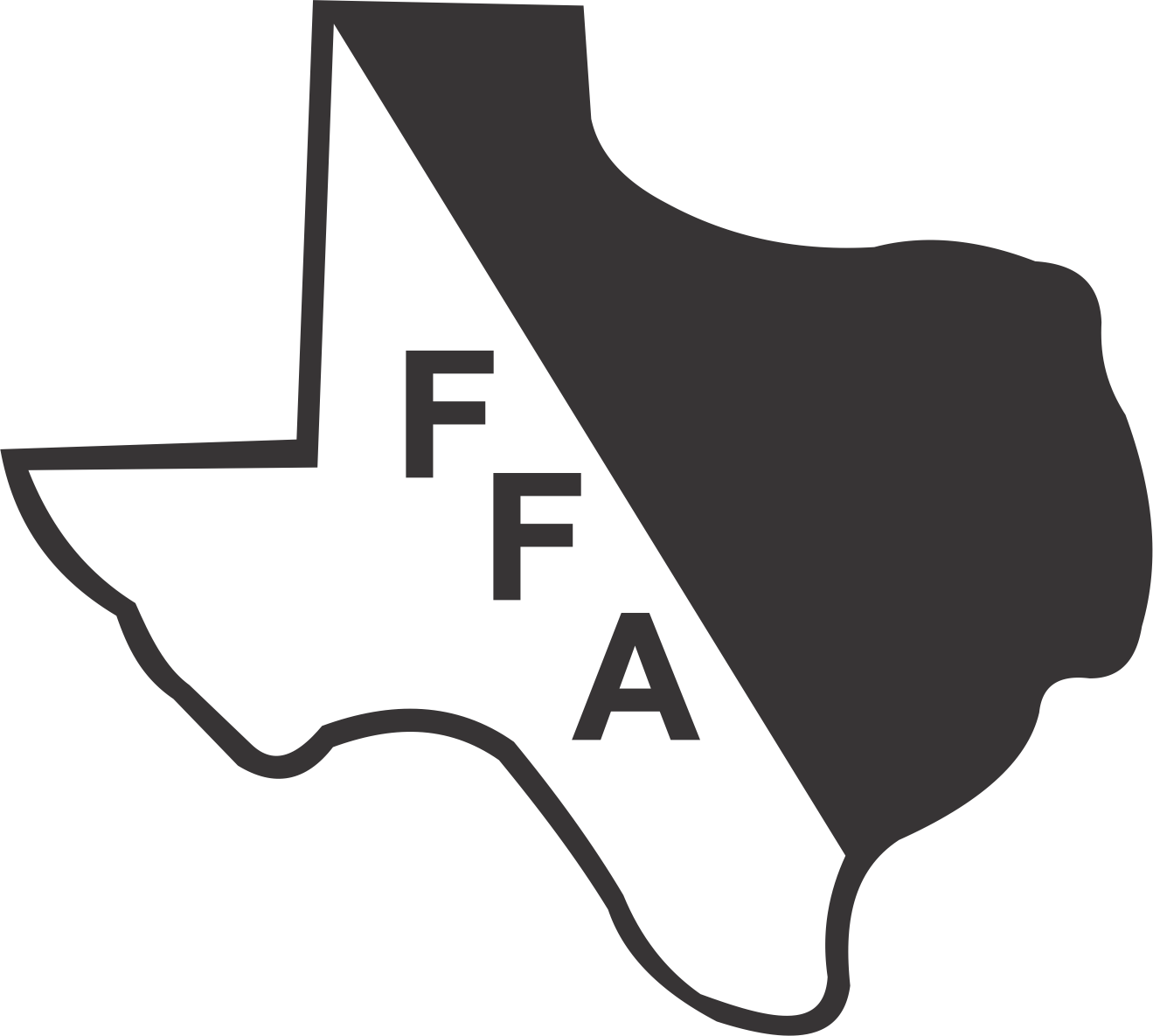 德州輪廓FFA標誌 壁紙 — 德州輪廓的黑白剪影，帶有粗體 FFA 字母斜向排列。
