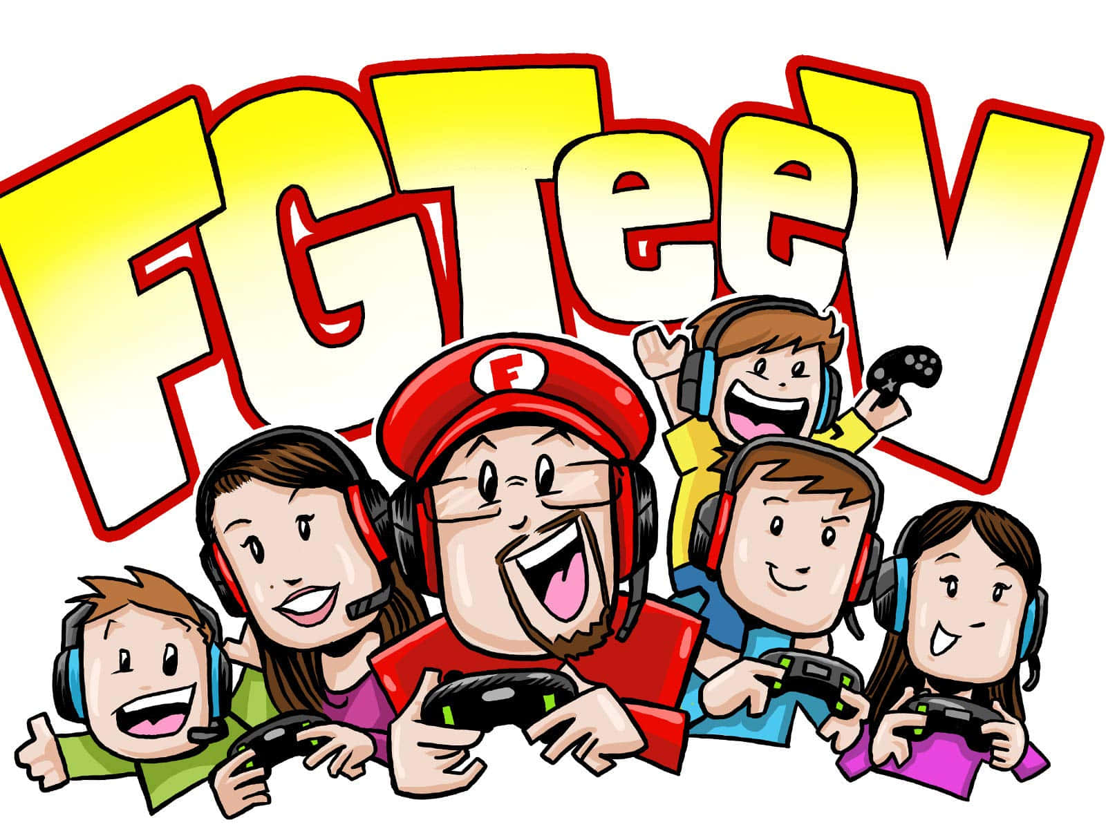 FGTeeV家庭卡通 壁紙 — 一群身穿色彩繽紛服裝和耳機的歡樂卡通遊戲玩家，在醒目的黃色和紅色「FGTeen」標誌下愉快地握著控制器。