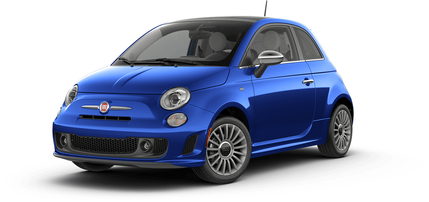 藍色Fiat 500運動型轎車 壁紙 — 一輛充滿活力的藍色菲亞特500跑車，配備銀色輪圈和時尚設計，在純黑色背景下脫穎而出。
