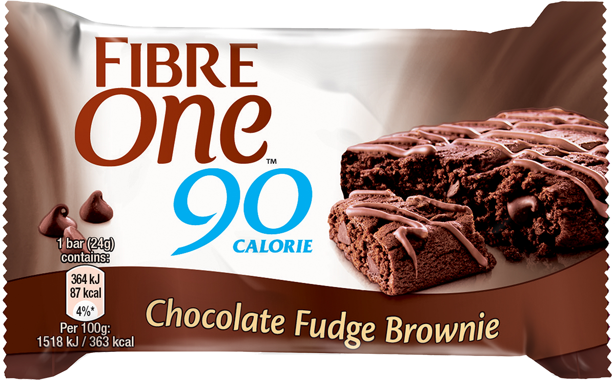 Fibre One 巧克力軟心布朗尼包裝 壁紙 — Fibre One 90卡路里朱古力軟糖布朗尼棒包裝的特寫，展示豐富的朱古力布朗尼配上朱古力淋醬。