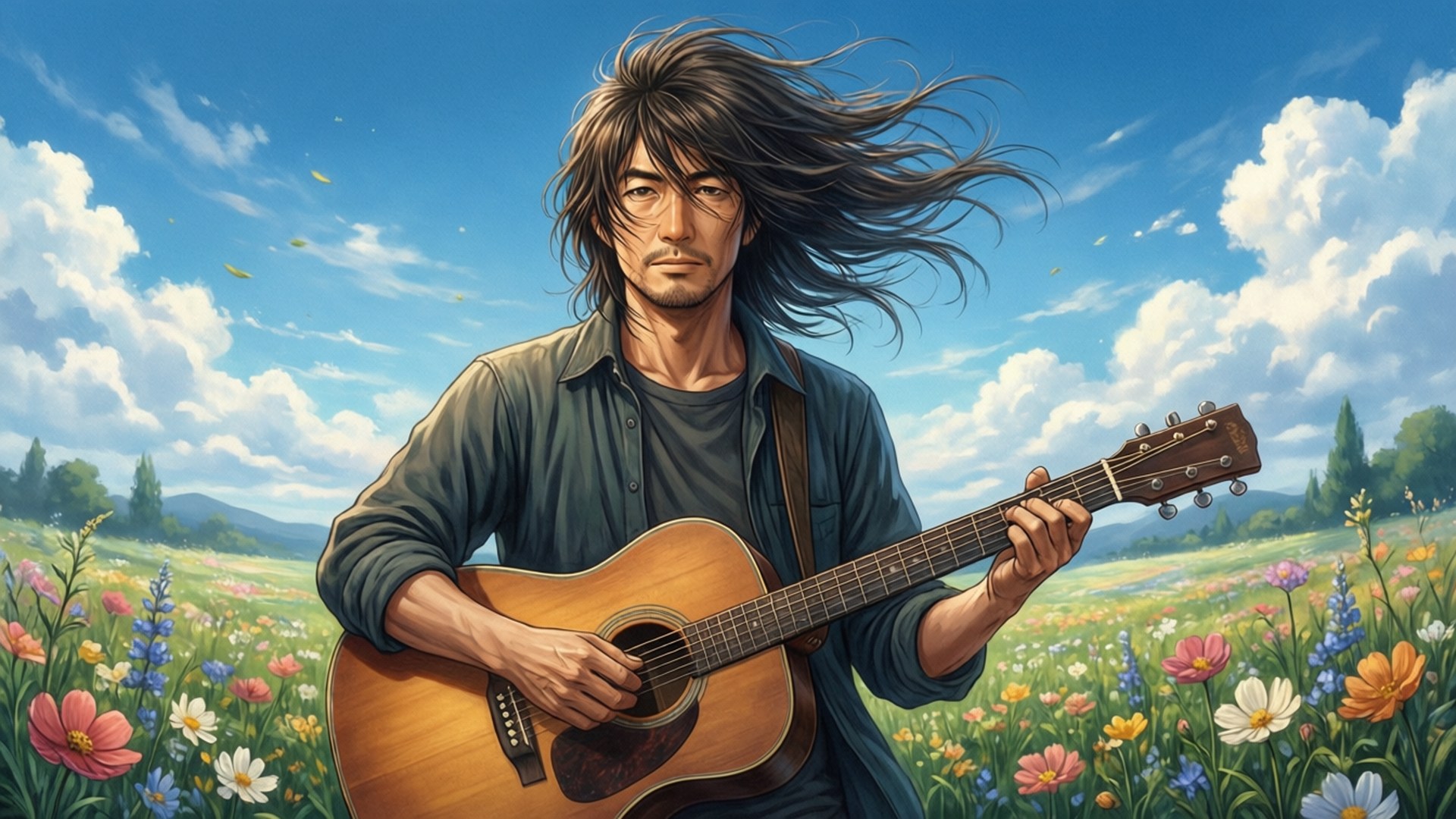 一位音樂家在陽光明媚的天空下，在色彩繽紛的花田中彈奏結他。