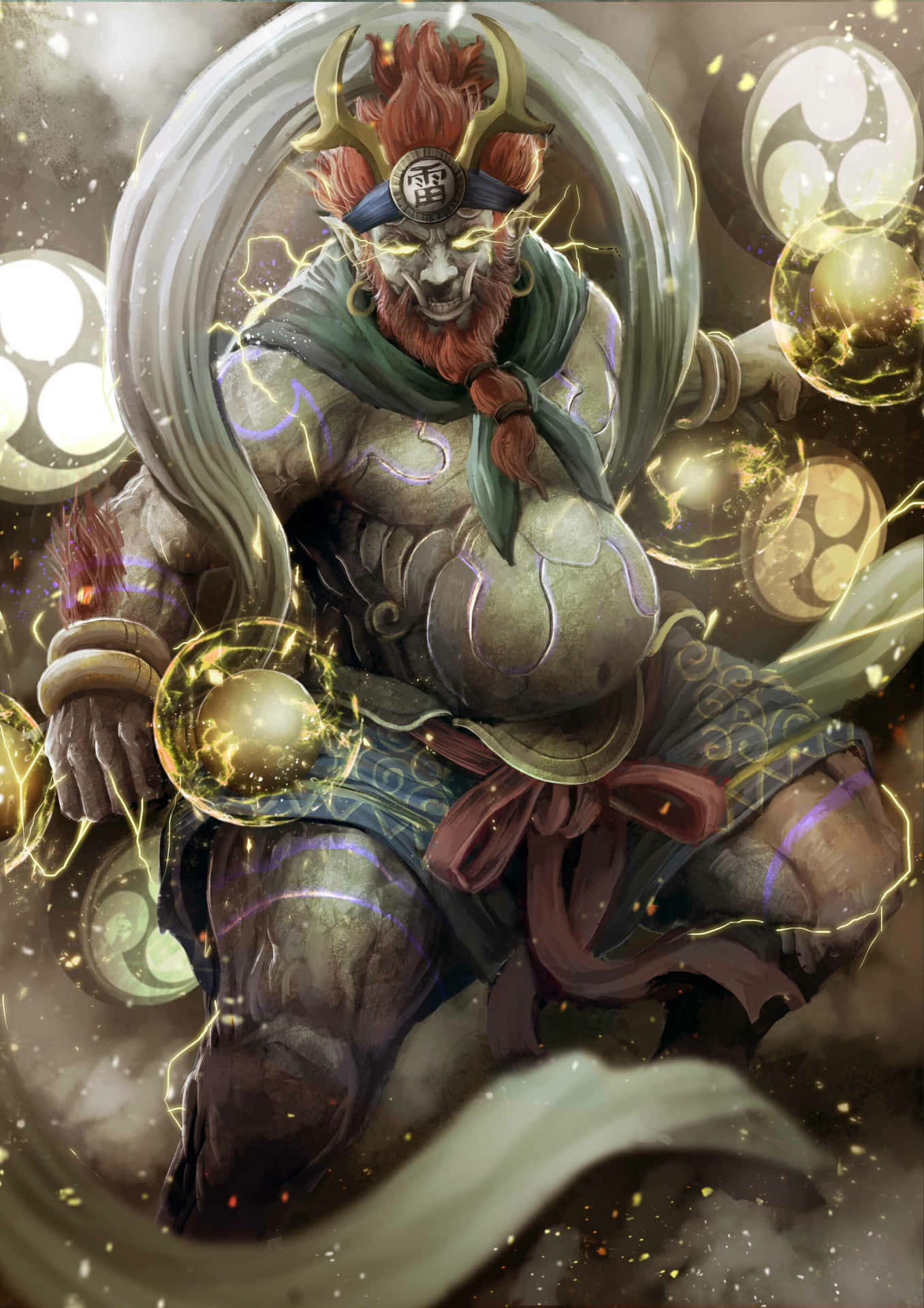  壁紙 — 一個兇猛的動漫風格惡魔，擁有火焰般的頭髮和發光的球體，在旋轉的風暴中引導閃電。