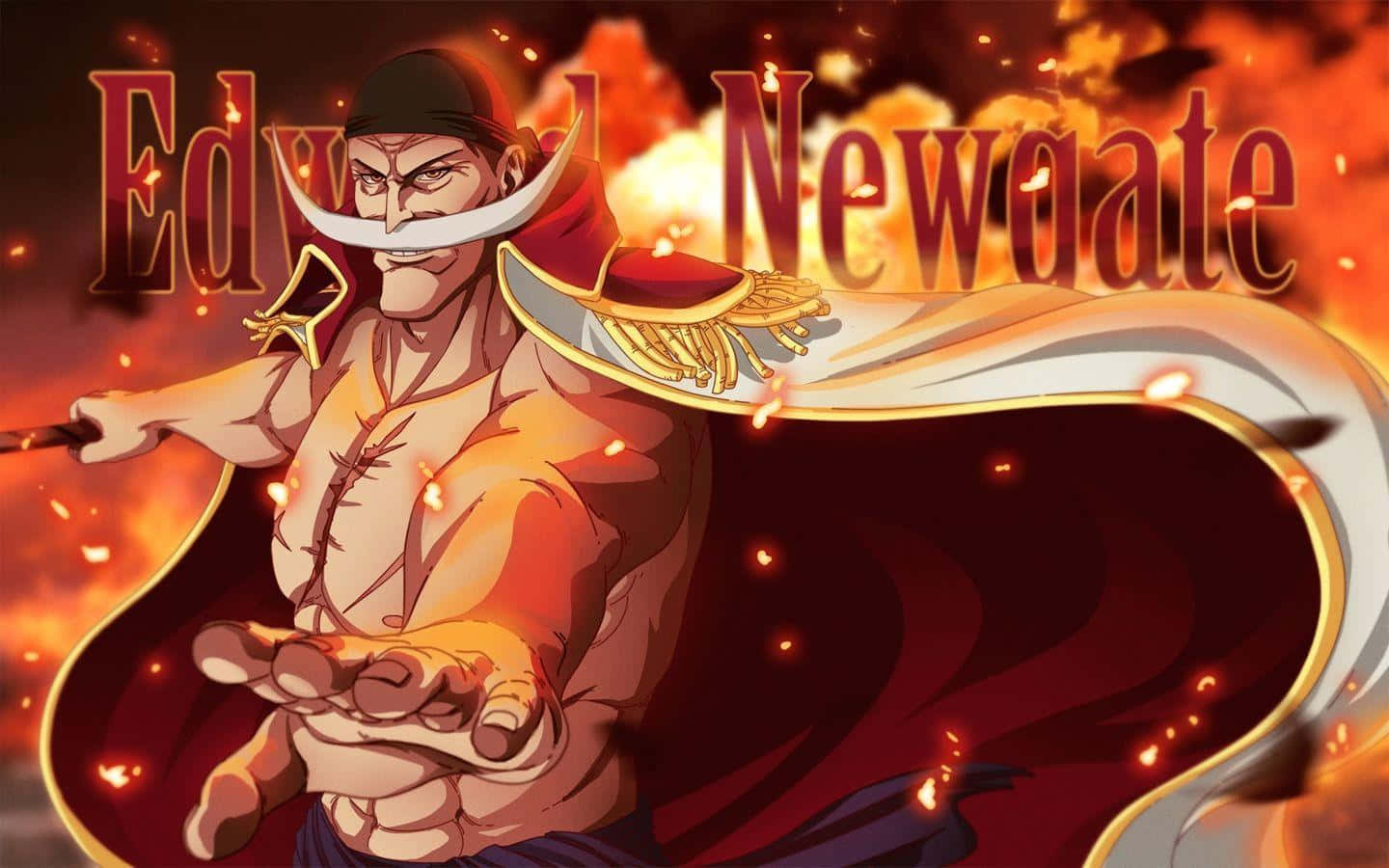 白鬍子動漫海盜在火熱的爆炸中持劍。