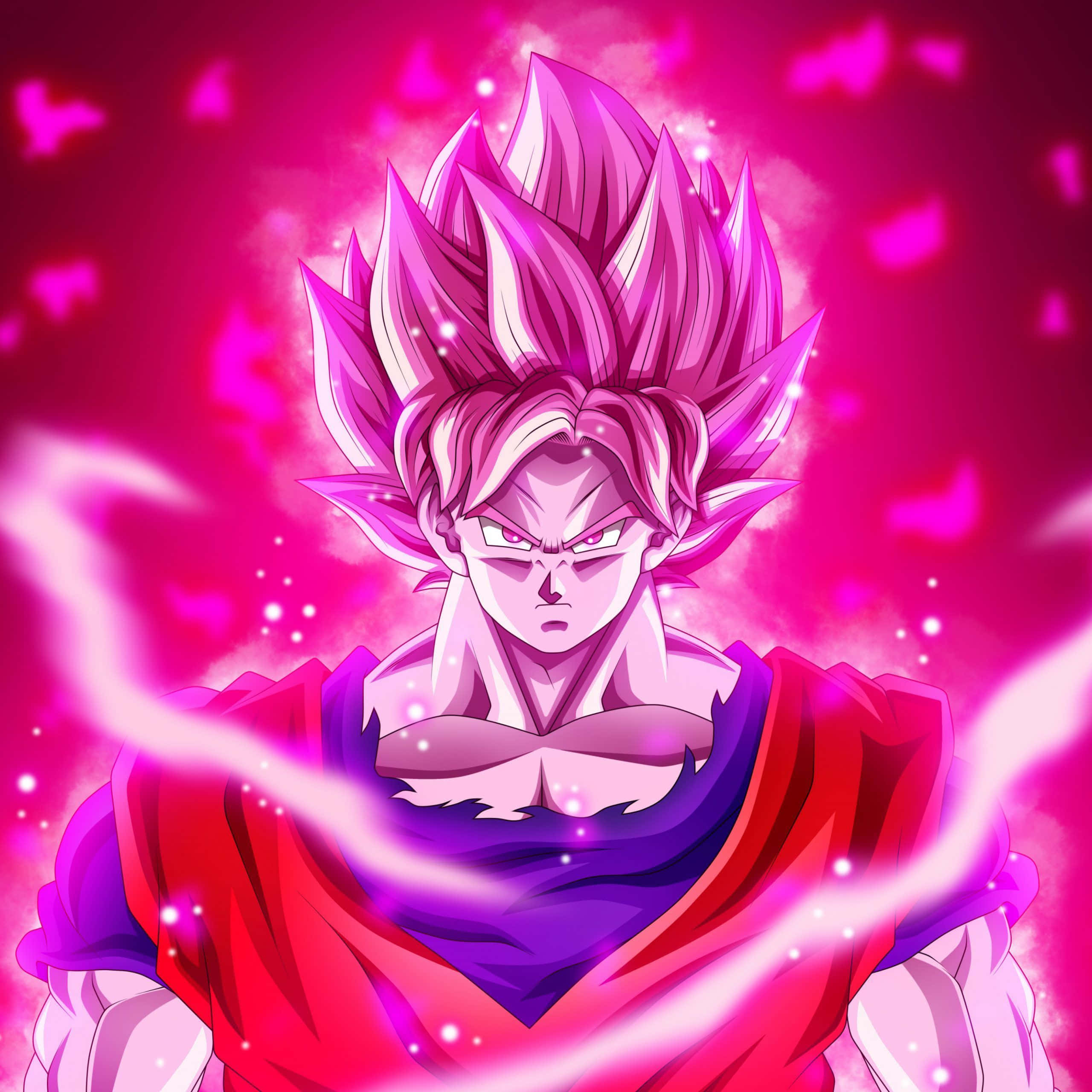 Goku Kaioken 桌布 壁紙 — 一個兇猛的動漫戰士，擁有尖刺的粉紅色頭髮和發光的光環，在充滿活力的粉紅色宇宙背景下散發力量。