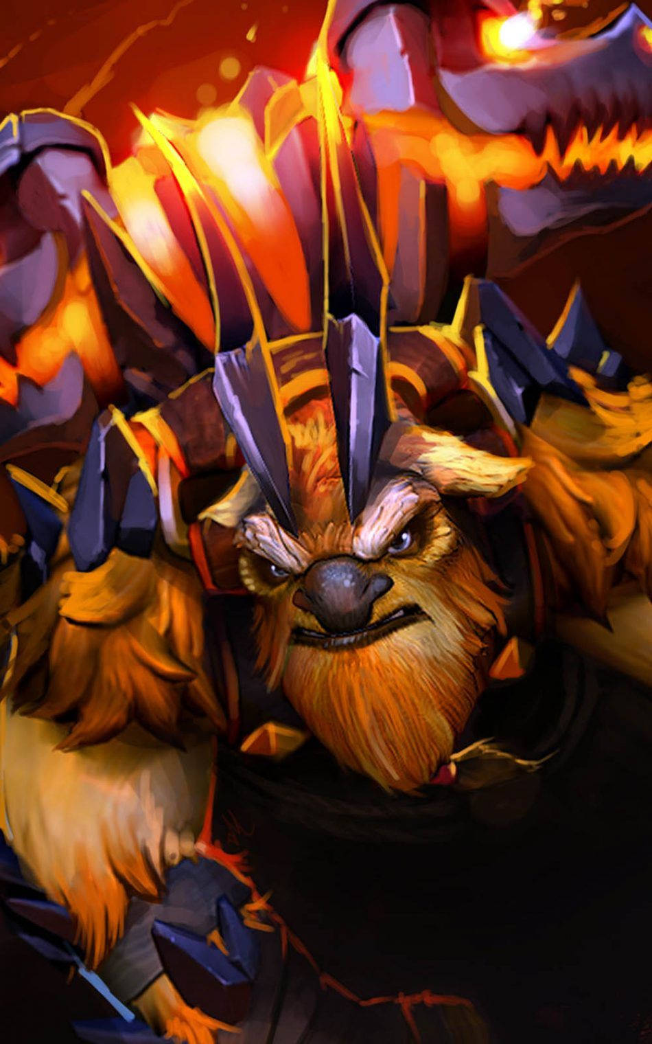 Dota 2 地震使者 壁紙 — 一隻兇猛的擬人化野獸，擁有火橙色毛髮和發光的眼睛，在熔岩和鋸齒狀的黑曜石碎片中咆哮。