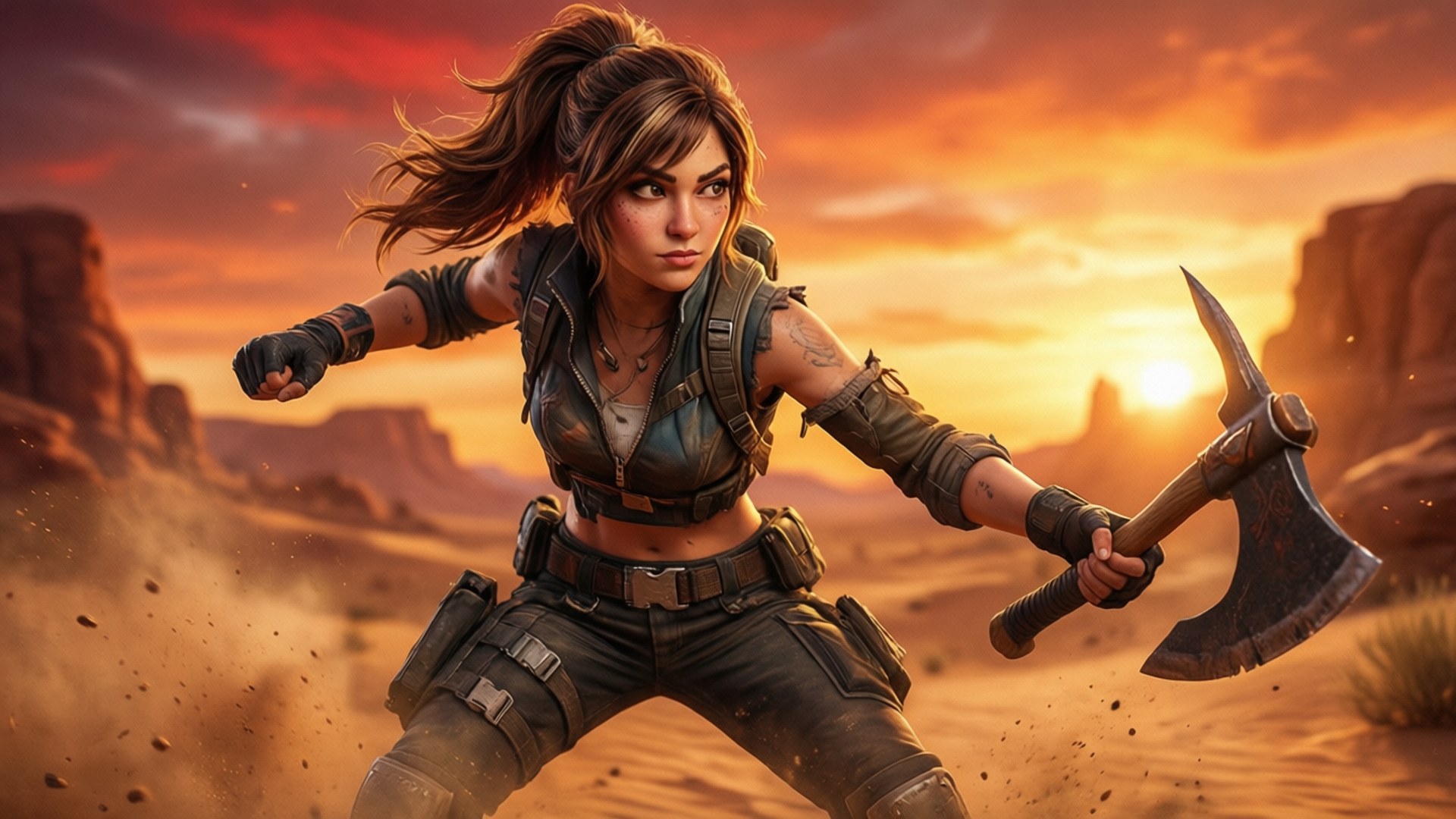 tsuki fortnite 桌布 壁紙 — 一位兇猛的女冒險家在日落時分的沙漠峽谷中揮舞戰斧，天空呈現火熱的橙色。