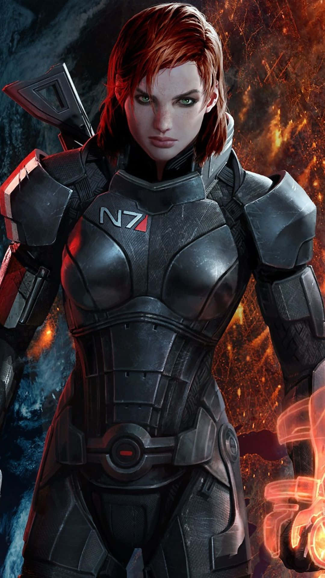 Mass Effect Femshep 桌布 壁紙 — 一名兇猛的女兵穿著黑色N7裝甲，站在熾熱的宇宙背景前，散發著橙色光芒的能量。