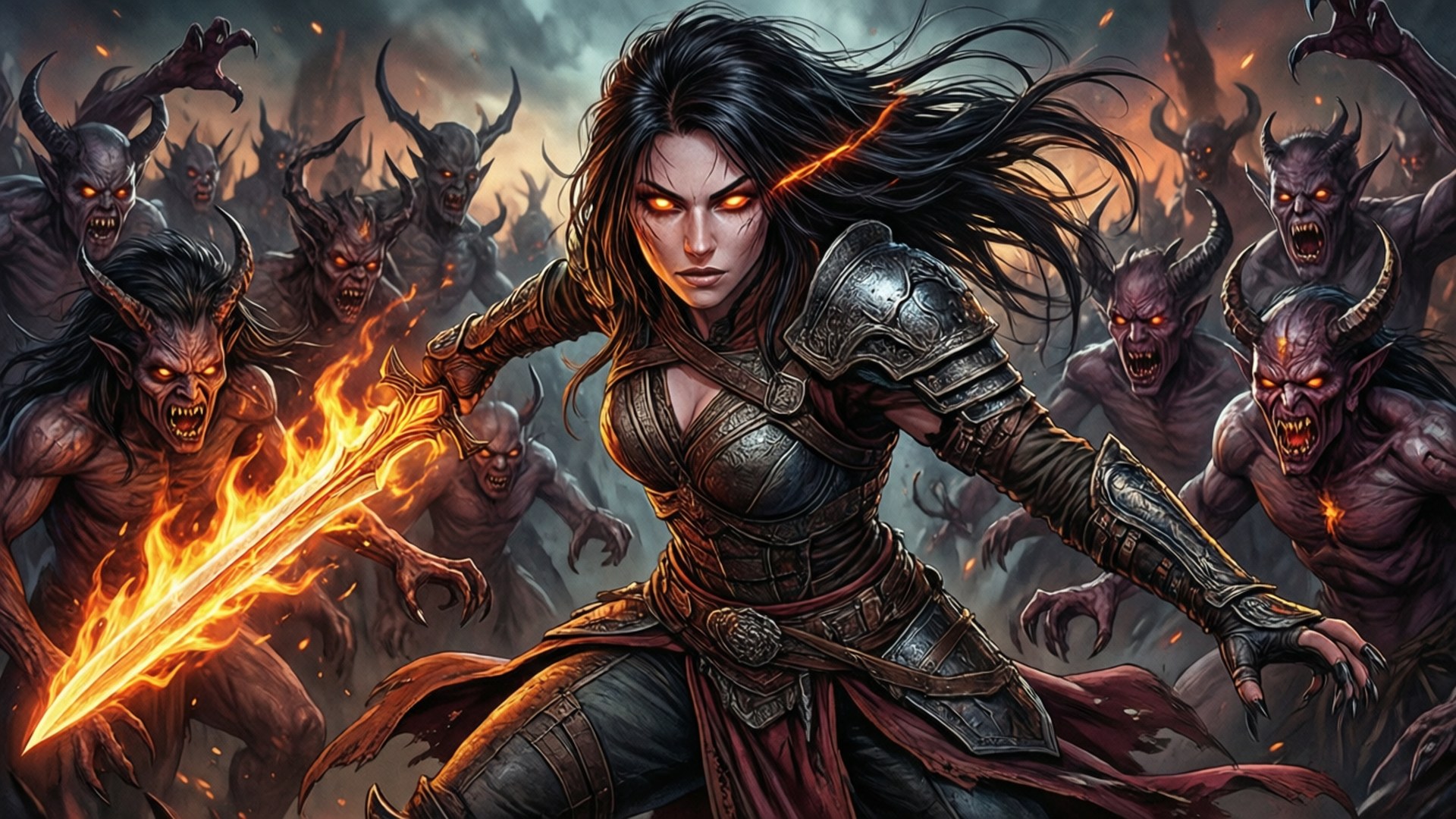 女戰士在黑暗奇幻戰鬥中用火焰劍與惡魔作戰。