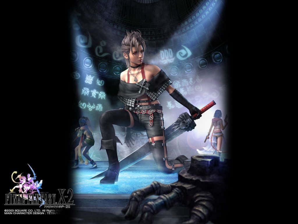 Final Fantasy X 桌布 壁紙 — 一位兇猛的女戰士在一個帶有發光符文和陰影人物的神秘圓形房間中跪著，手持一把發光的劍。