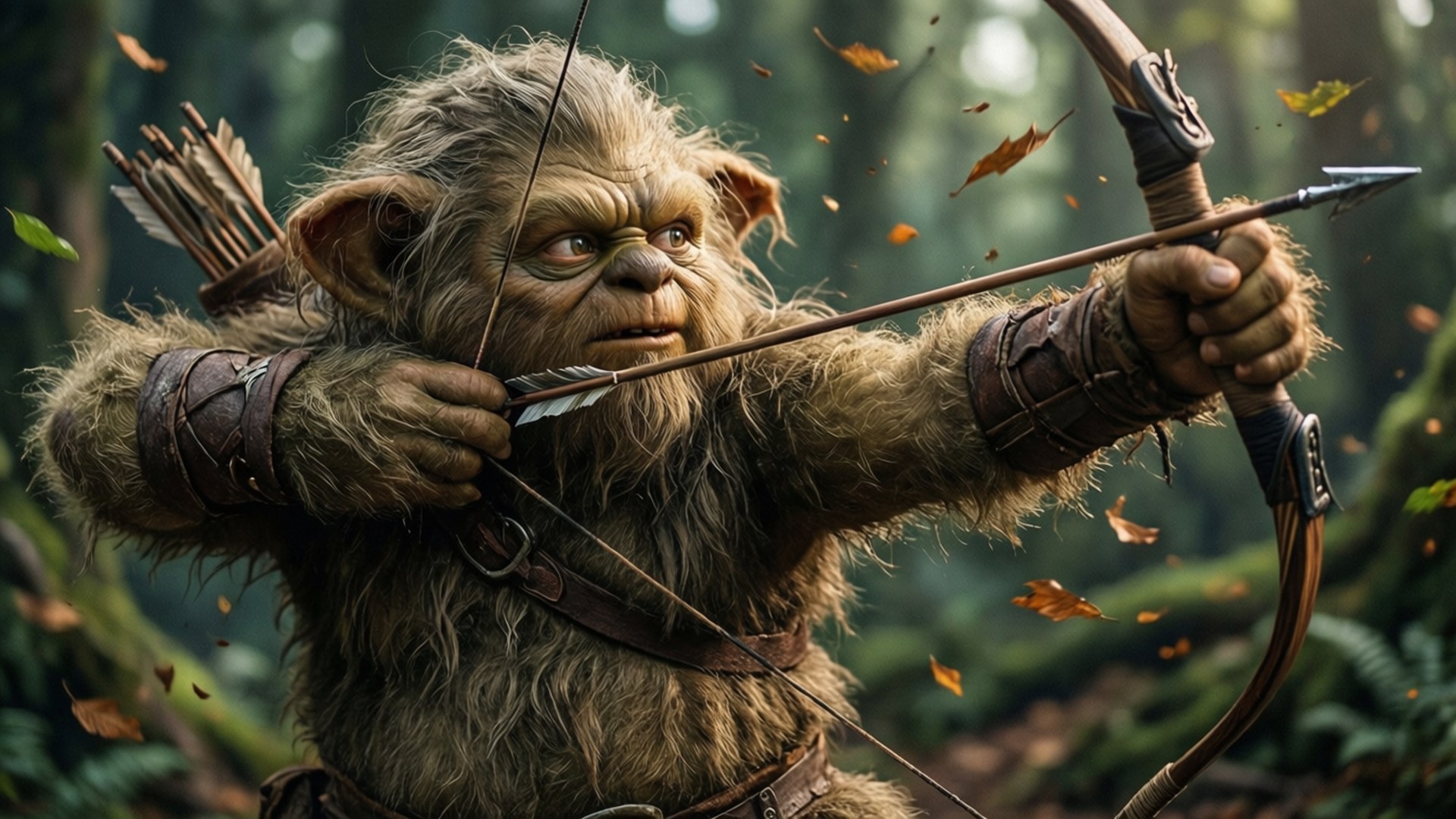 ewok 桌布 壁紙 — 一個兇猛的毛茸茸弓箭手，長著尖耳朵，在迷霧籠罩的秋日森林中拉弓，樹葉在他周圍旋轉。