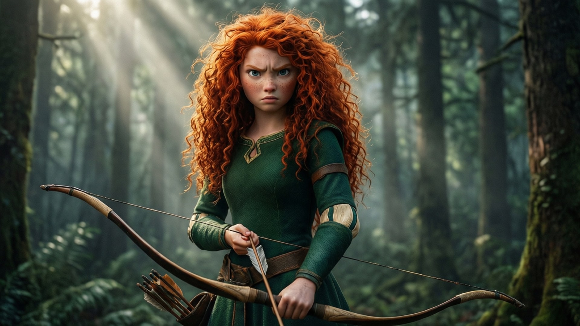 Merida's Forest Hunt 壁紙 — 一位兇猛的紅髮弓箭手站在迷霧森林中，手持弓箭，陽光穿過樹木灑落。