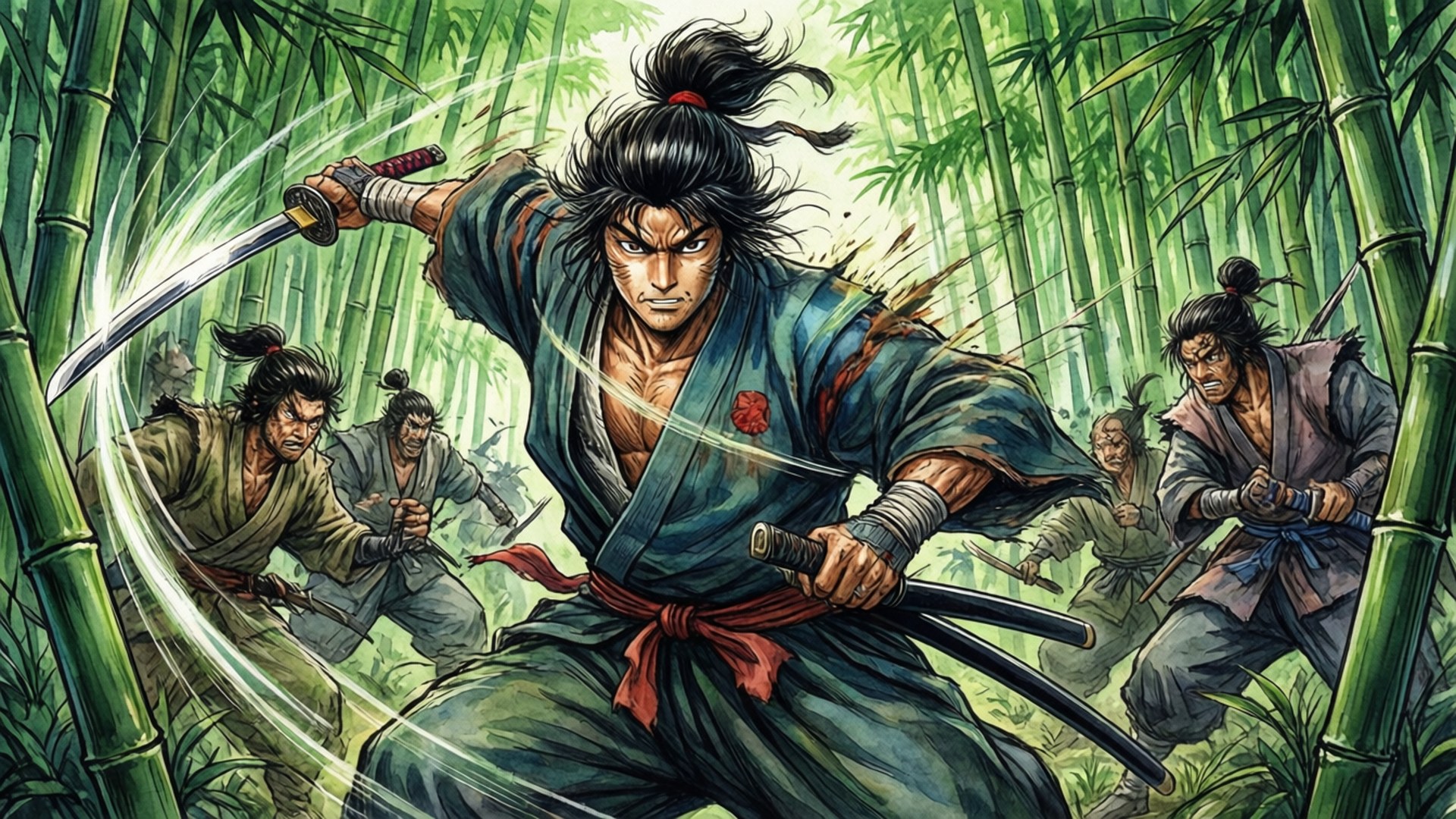 武士戰士在竹林中與多名對手進行激烈的劍術對決。