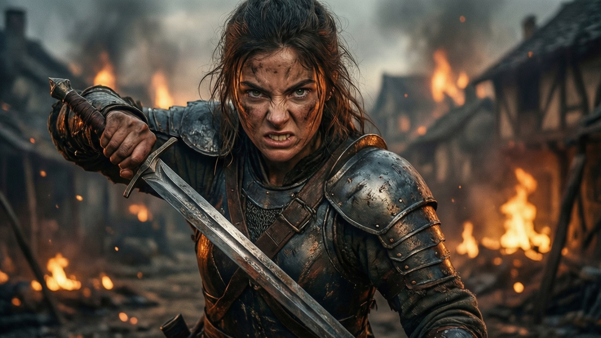 身穿鎧甲的兇猛女戰士在燃燒的村莊中持劍。