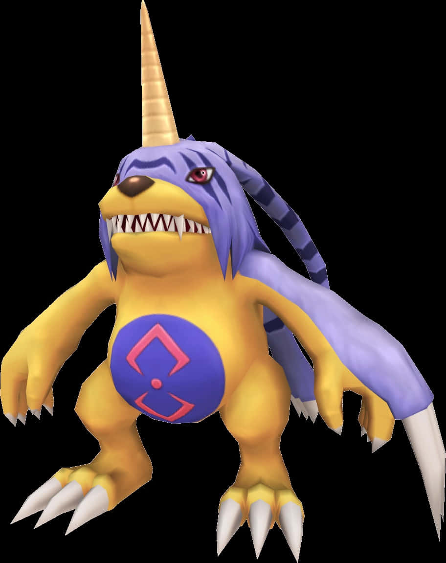 Gabumon 桌布 壁紙 — 一隻兇猛的黃色和紫色數碼怪物，有角、鋒利的牙齒和爪子，站在黑色背景前。