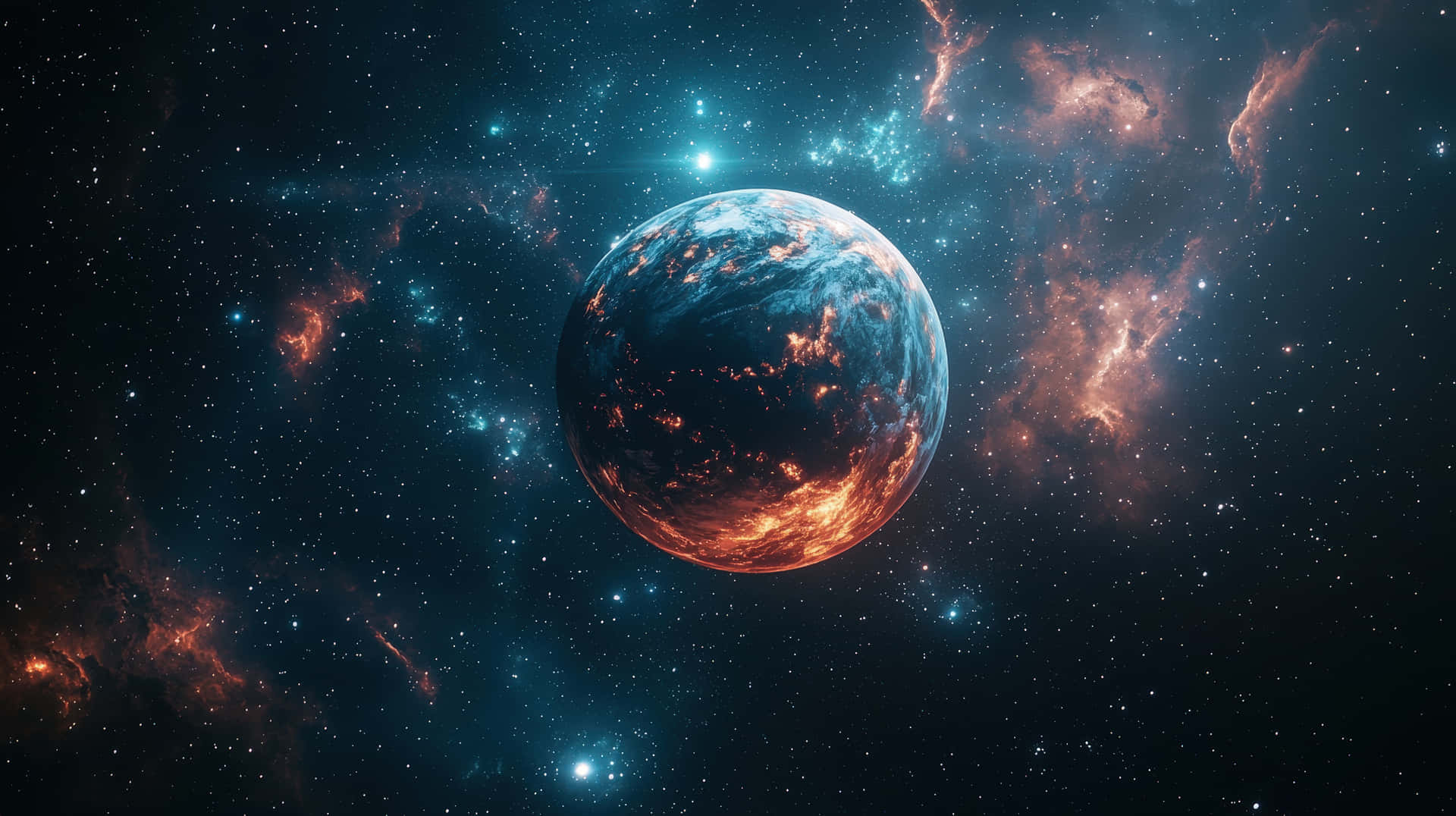 一顆帶有發光橙色大陸和藍色海洋的行星，被星星和星雲包圍