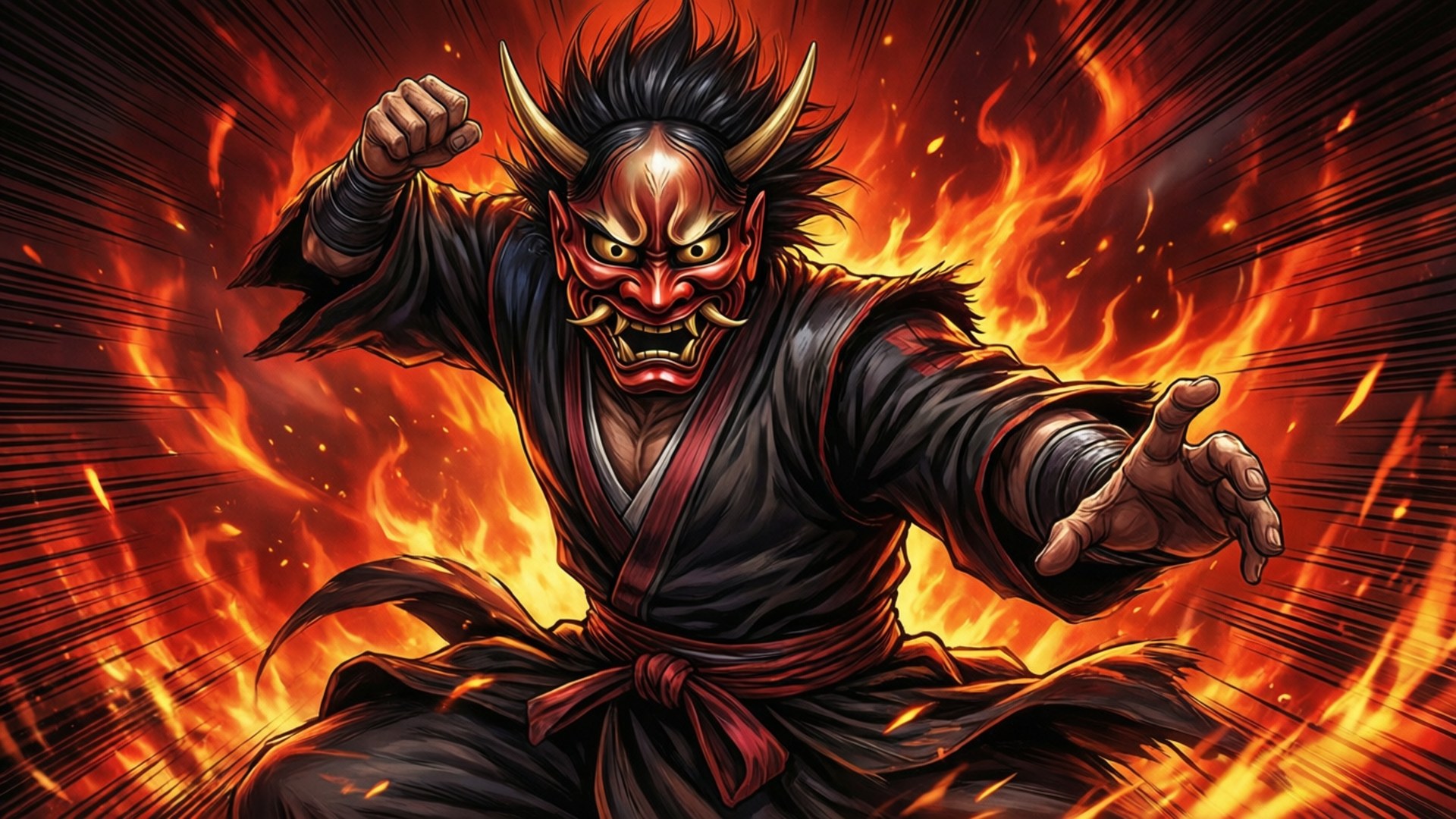 兇猛的紅色面具鬼怪惡魔，被火焰包圍，動漫風格。