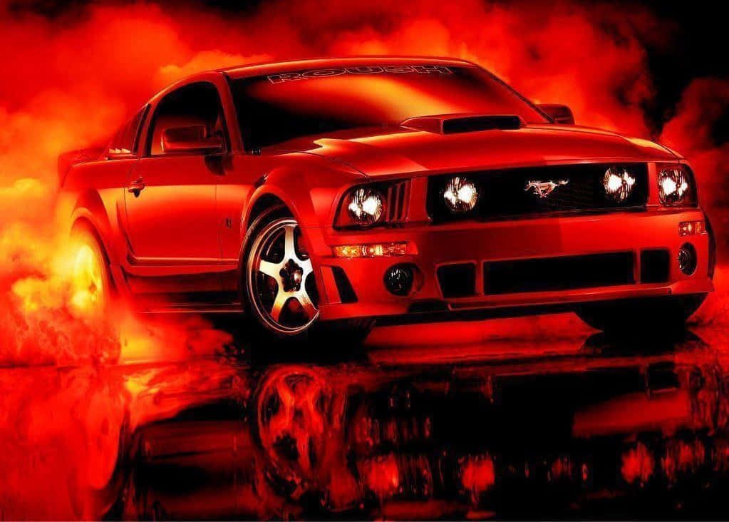 Ford Mustang Roush 桌布 壁紙 — 一架火紅色的福特野馬跑車，在反光的濕滑路面上，車頭燈閃爍，後輪噴出火焰。