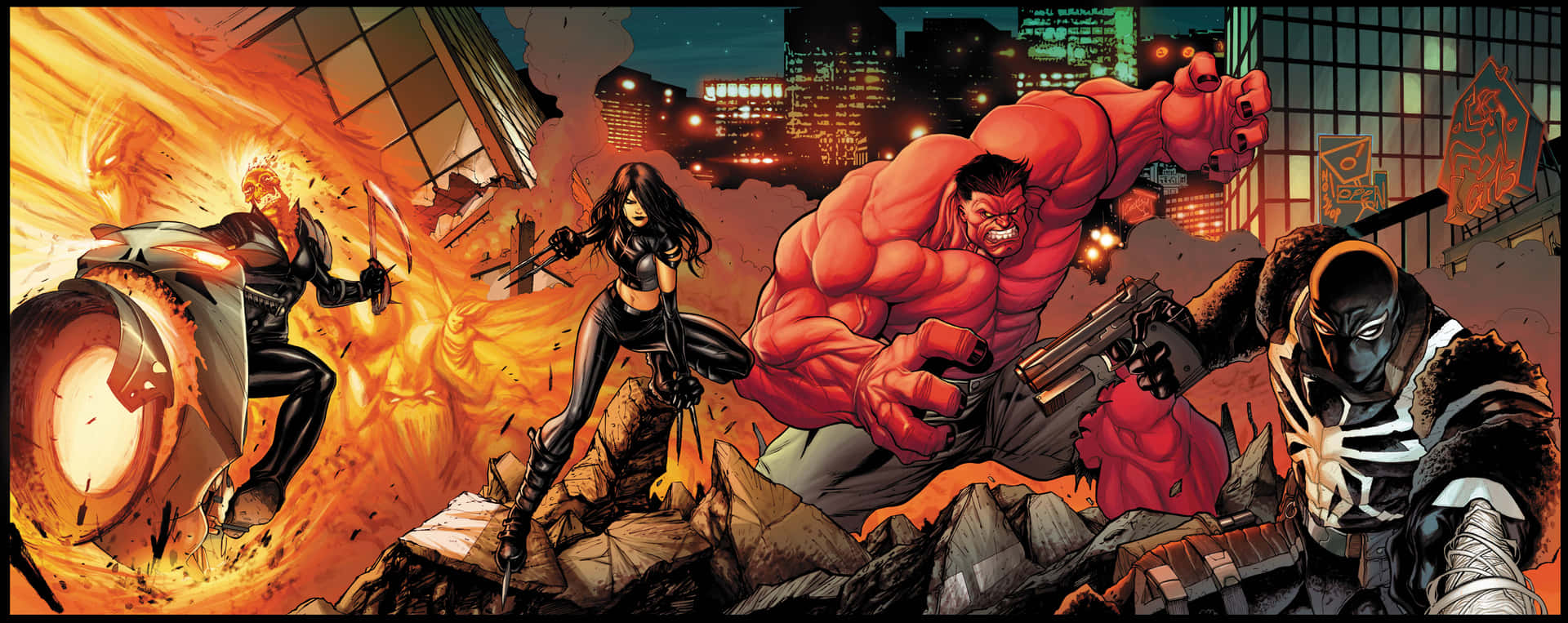  壁紙 — 一場熾熱的城市戰鬥場景， featuring Hulk、Ghost Rider、Black Widow 和 Venom，在倒塌的建築物和爆炸中。