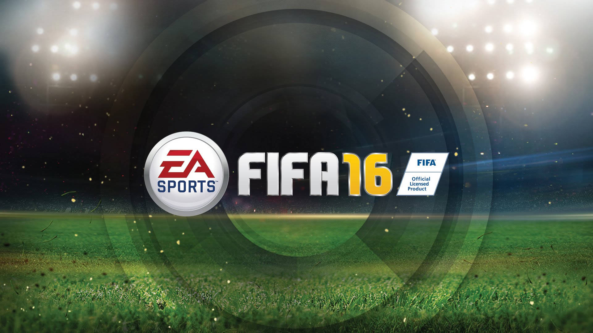  壁紙 — FIFA 16 遊戲標誌居中於夜間明亮體育場燈光下的鮮綠色足球場上。