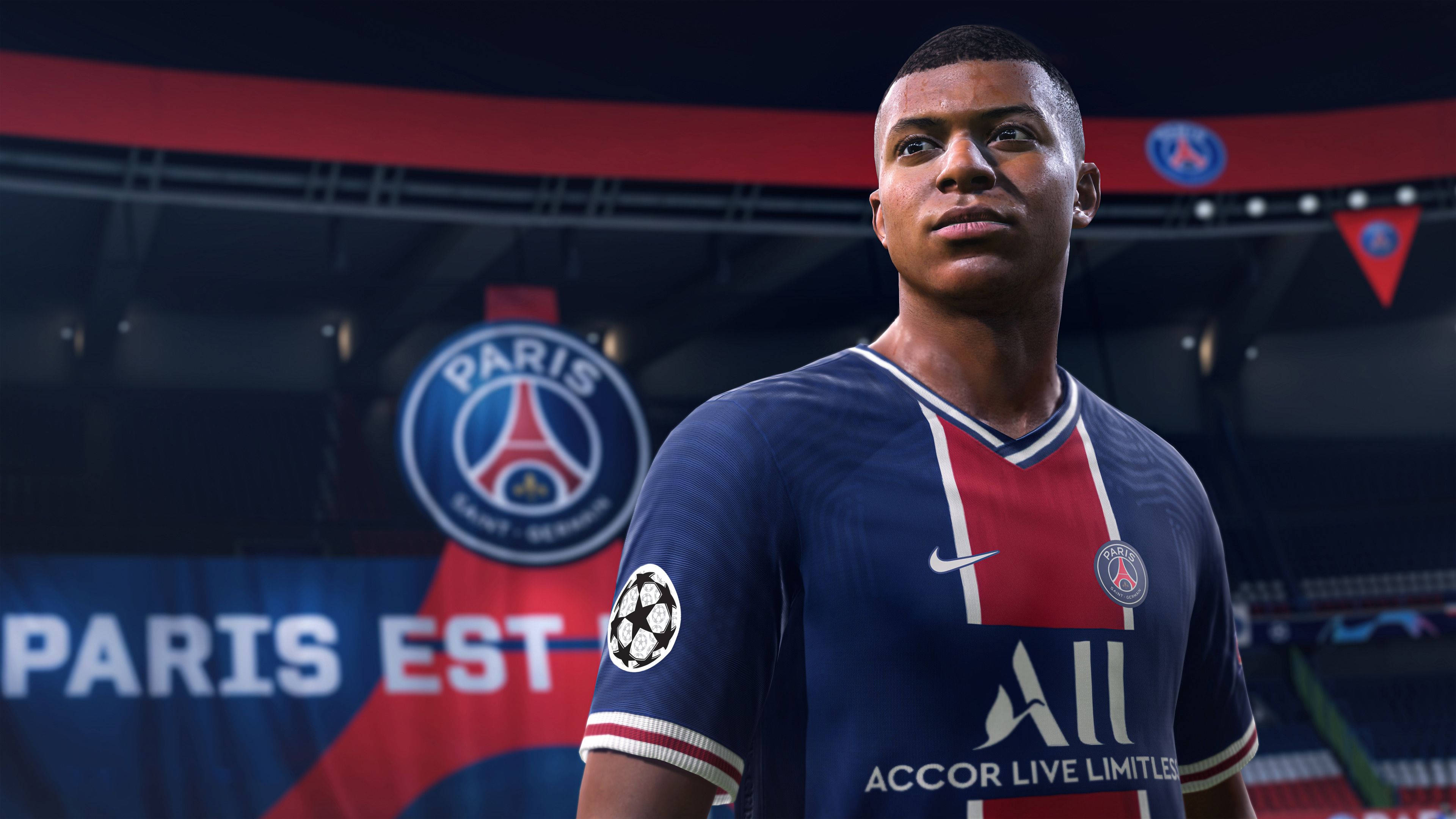 FIFA 21 EA Sports 肯·姆巴佩角色 壁紙 — 巴黎聖日耳曼球衣的足球員基利安·麥巴比在球場上的數碼渲染。