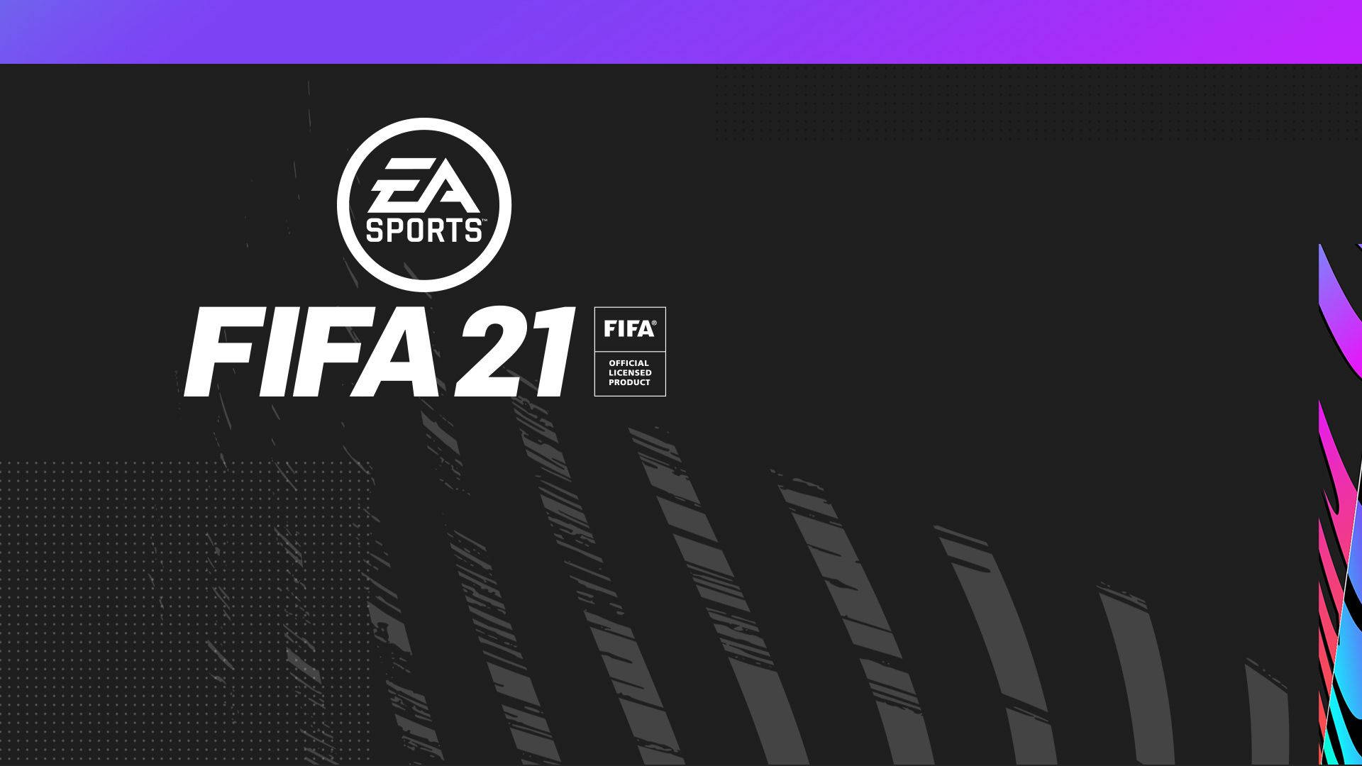 FIFA 21 基本標誌（深色背景） 壁紙 — FIFA 21 EA Sports 標誌，黑色背景搭配紫色和多彩抽象點綴。