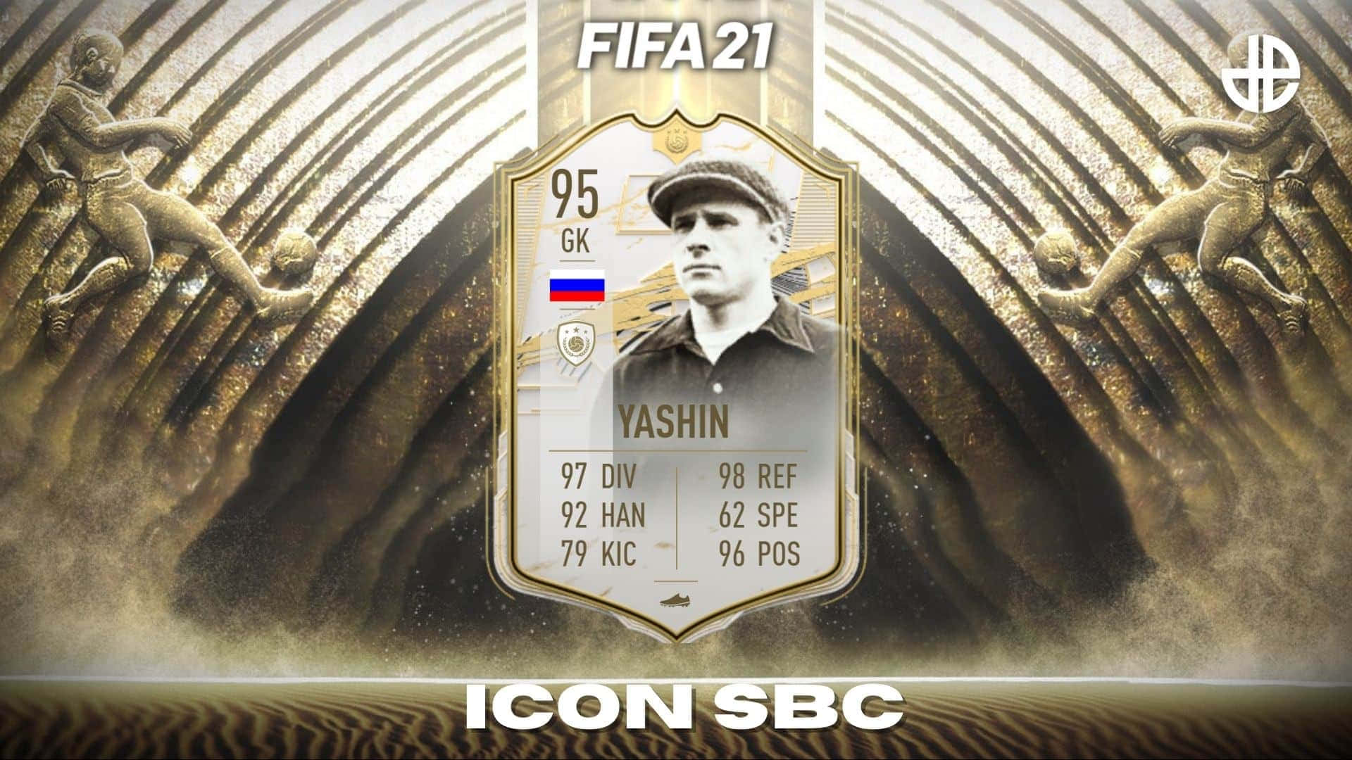 傳奇俄羅斯門將Lev Yashin的FIFA 21 Icon SBC卡，帶有統計數據和金色壓花足球員。