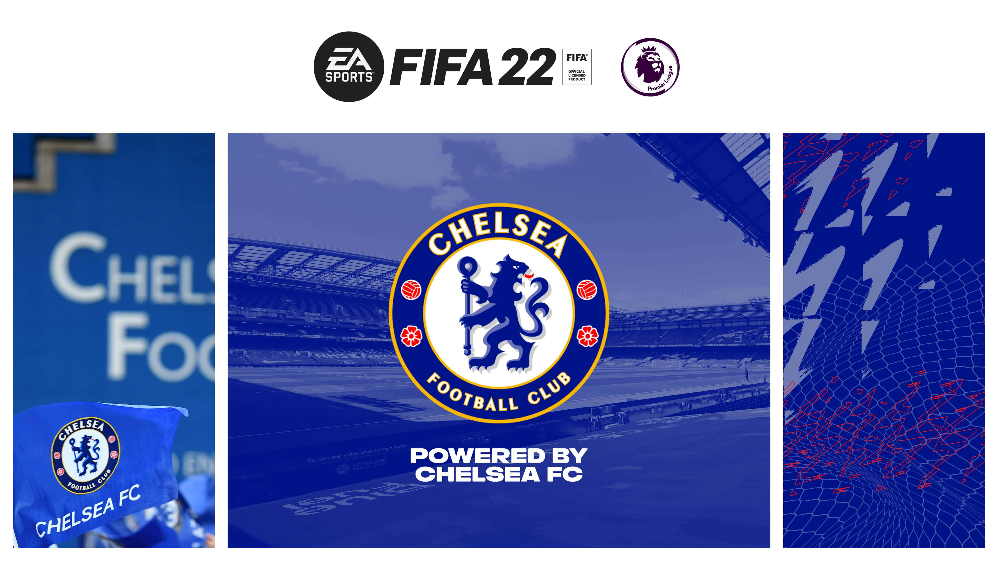Chelsea 桌布 壁紙 — FIFA 22 宣傳壁紙，以車路士足球會標誌為特色，背景為球場，帶有藍色和紅色點綴。