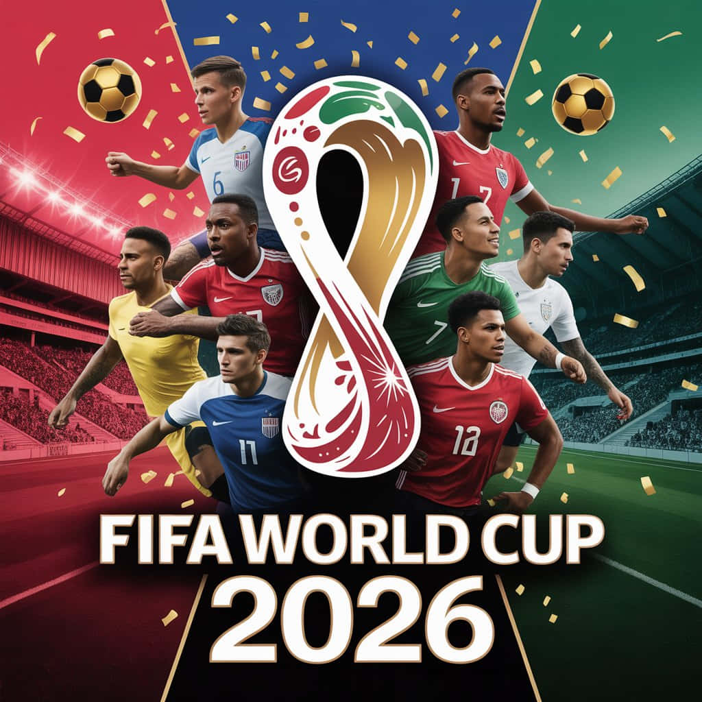 FIFA世界盃2026宣傳海報，附足球運動員和獎盃標誌