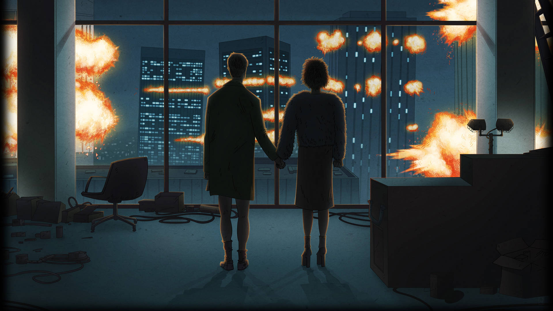 《Fight Club》插畫 壁紙 — 一對情侶在廢墟般的辦公室裡牽著手，透過破碎的窗戶凝視著被猛烈爆炸吞噬的城市景觀。
