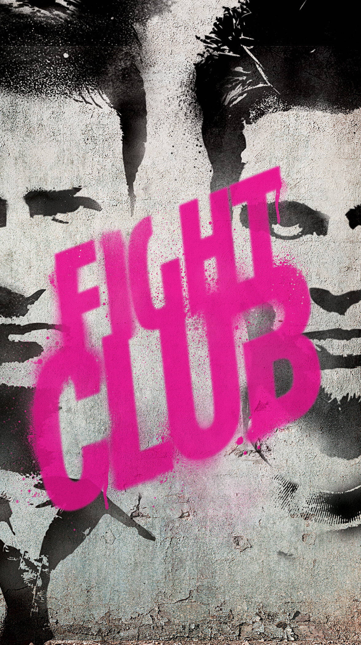 Fight Club 壁畫 iPhone 版 壁紙 — 大膽的粉紅色塗鴉文字「FIGHT CLUB」飛濺在一個粗糙的黑白牆壁壁畫上，畫的是一個男人的臉。