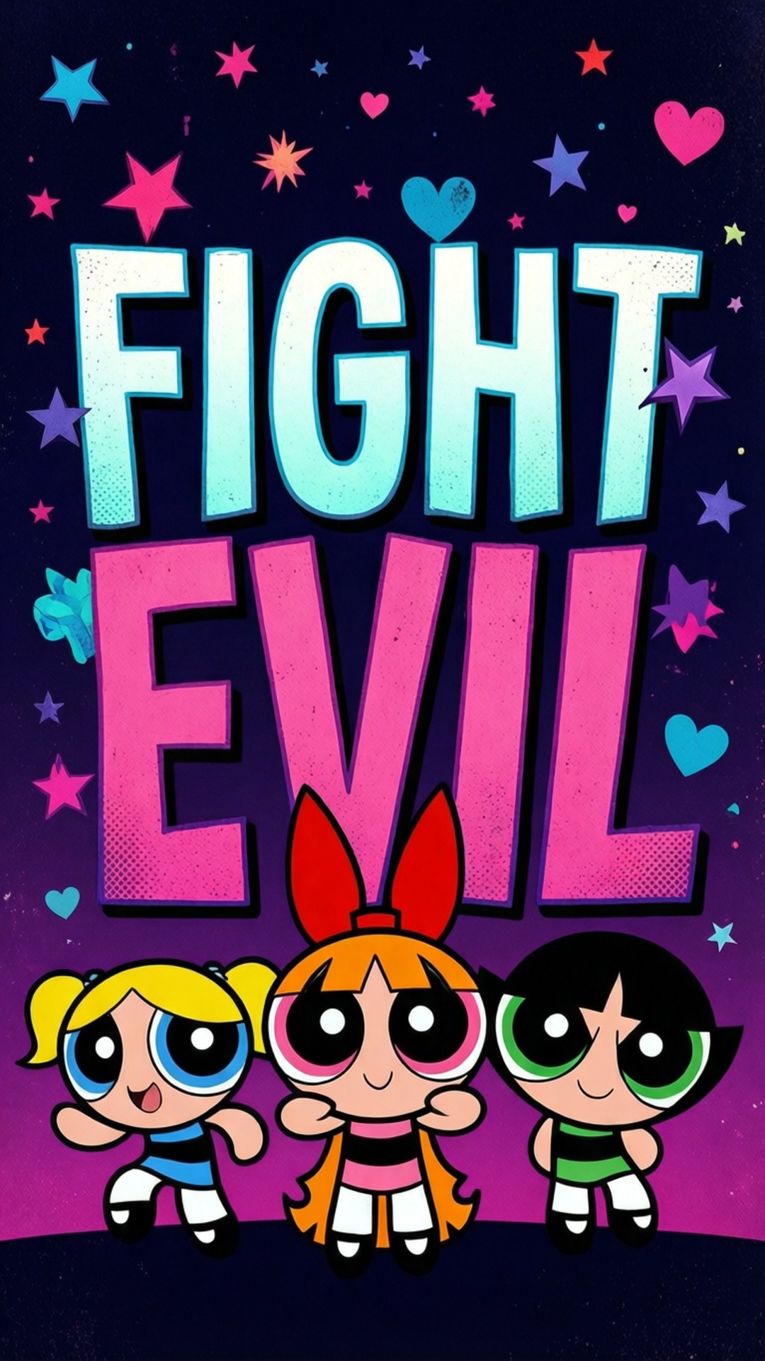 三個大眼睛的卡通女孩站在「FIGHT EVIL」文字下方，背景是滿天星斗的夜空，點綴著心形和星星。