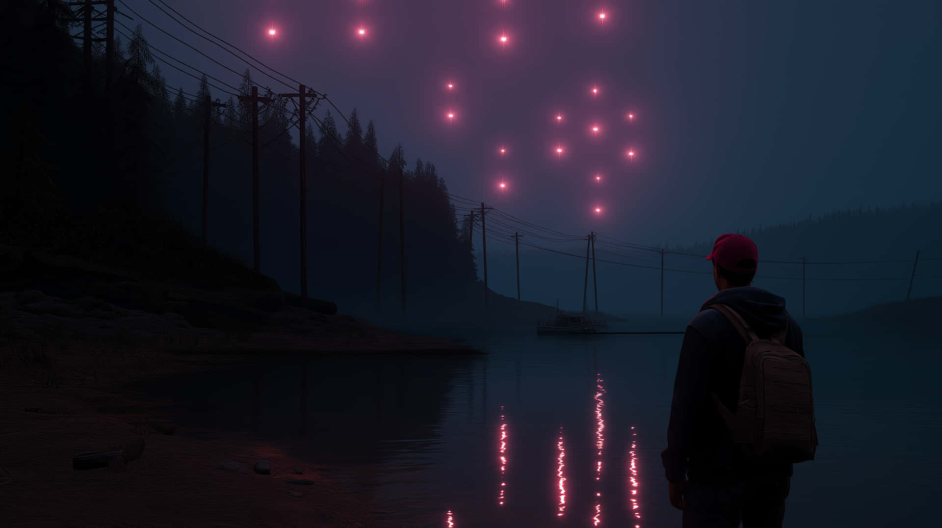 Figure Observing Mysterious Glowing Orbs Over Lake 壁紙 — 一個戴紅帽的孤獨身影在黃昏時分站在霧氣瀰漫的湖邊，看著發光的粉紅色燈光漂浮在電線和樹木上方。
