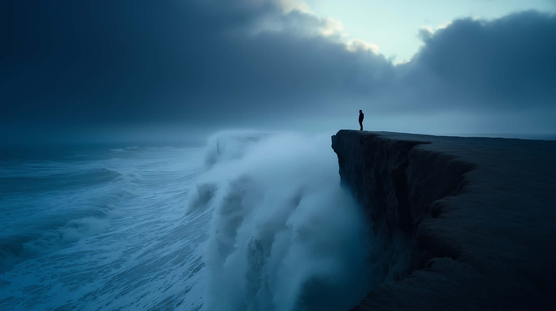 一個人獨自站在懸崖上，在暴風雨的暮色天空下觀看拍打的海浪。