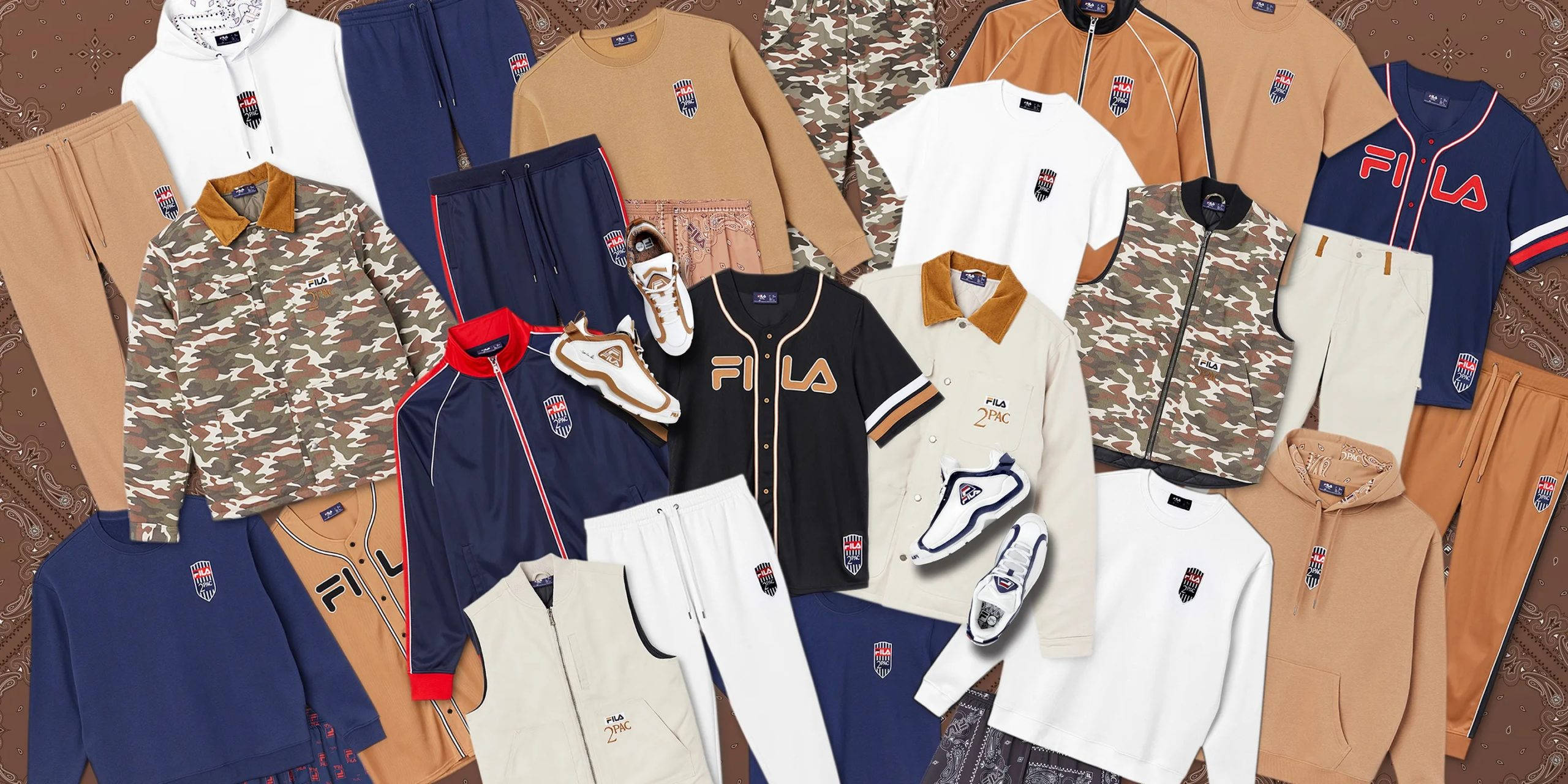 FILA x 2Pac 合作系列編輯圖 壁紙 — 充滿活力的Fila運動服飾平鋪圖，包括迷彩、米色、海軍藍和白色的外套、褲子、連帽衫和運動鞋。
