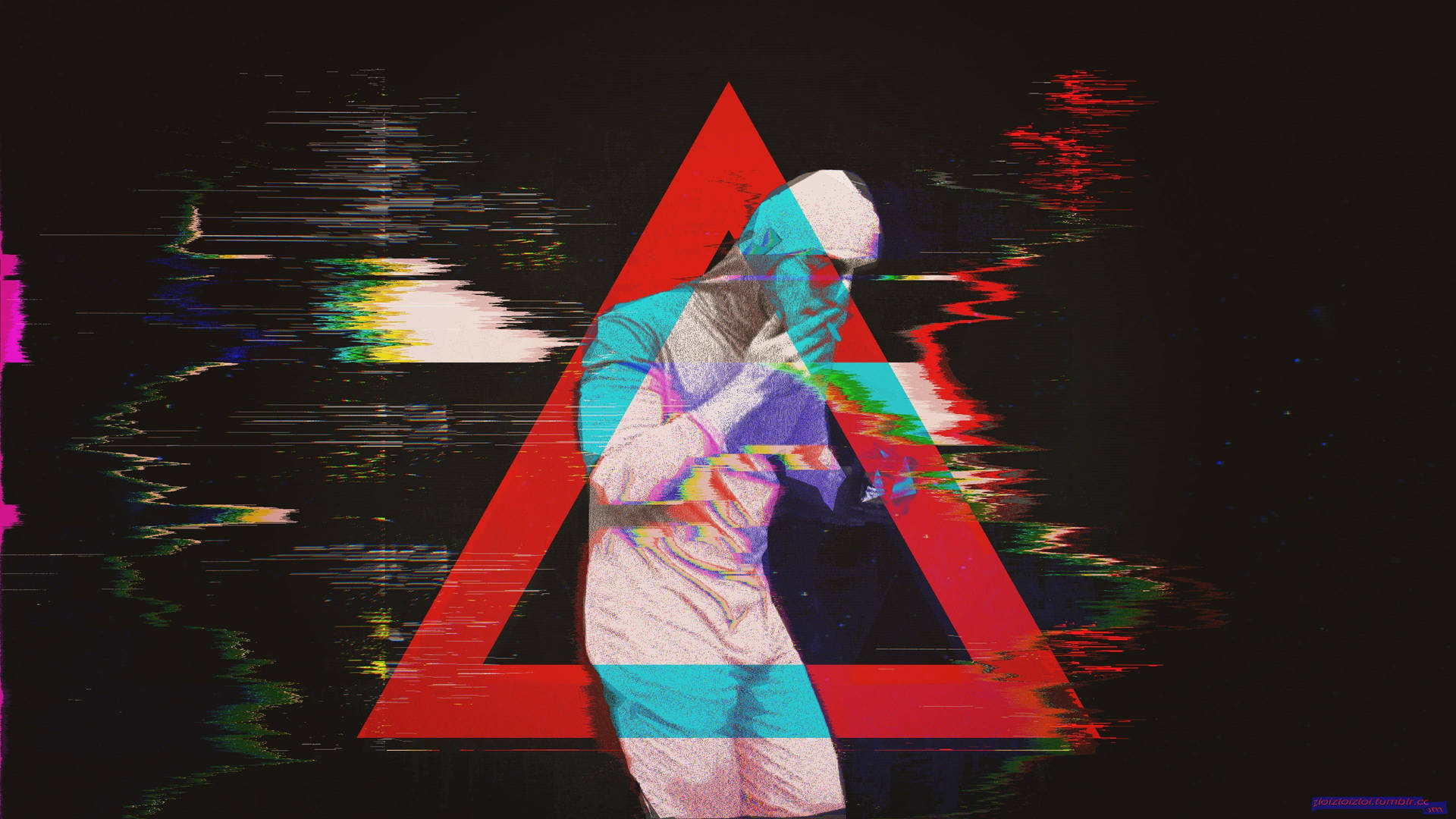紅色三角形內人物的故障效果數位藝術，帶有彩虹扭曲。
