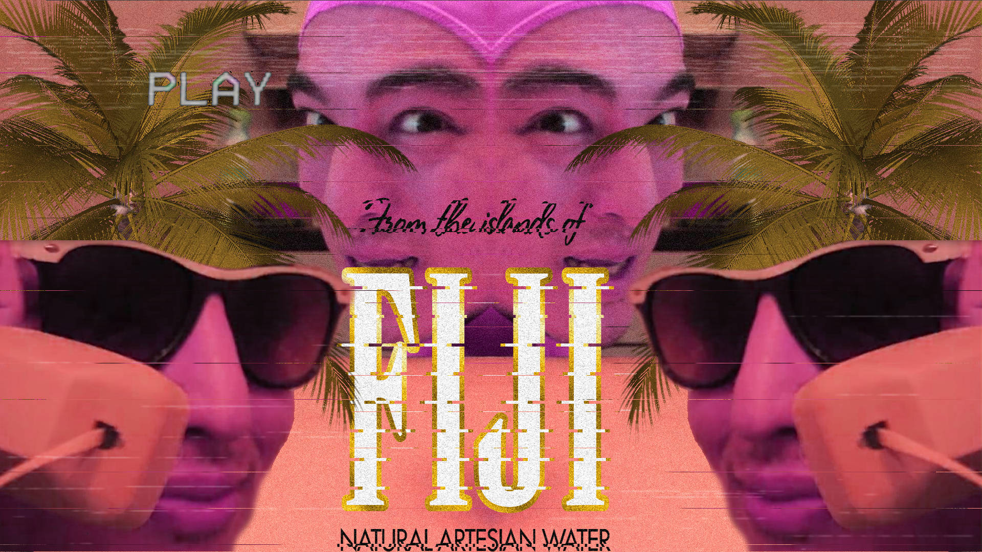 一幅粉紅色調的 Fiji 水廣告，戴著太陽眼鏡的男士和棕櫚樹。