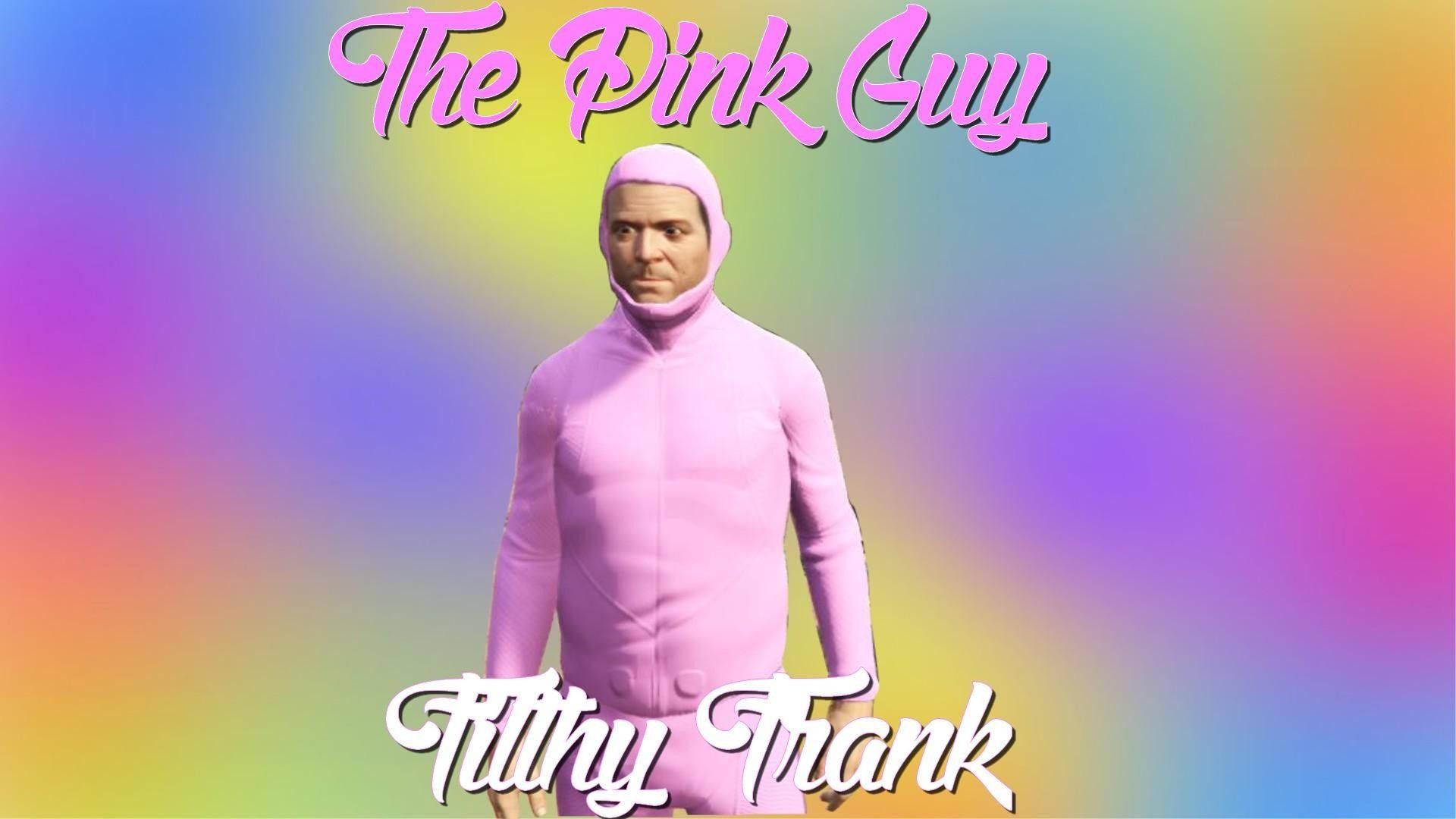 粉紅色緊身衣男子在彩虹背景前，文字為 The Pink Guy 和 Filthy Frank。