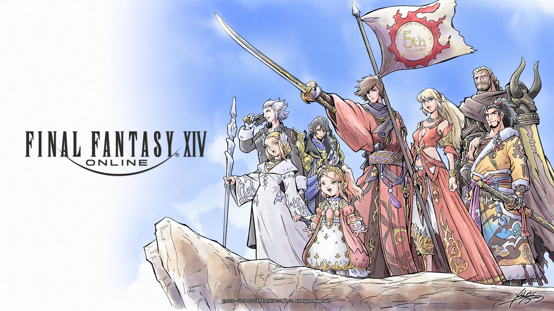 《Final Fantasy XIV》角色在懸崖上手持太陽徽章旗幟。
