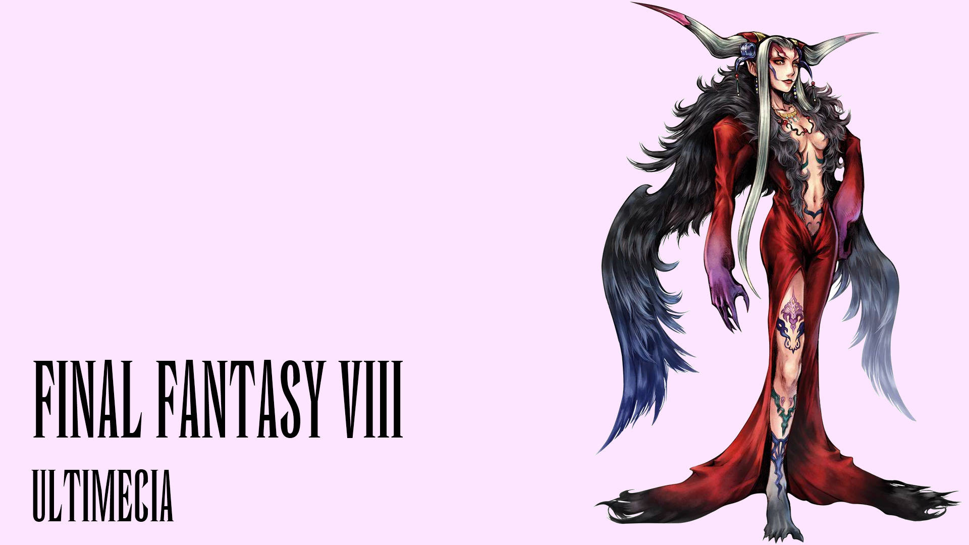 Final Fantasy 8 海報 Ultimecia 壁紙 — 來自《最終幻想 VIII》的 Ultimecia 的引人注目動漫風格插圖，身穿飄逸的紅色長袍，帶有黑色翅膀和角，背景為柔和的粉紅色。