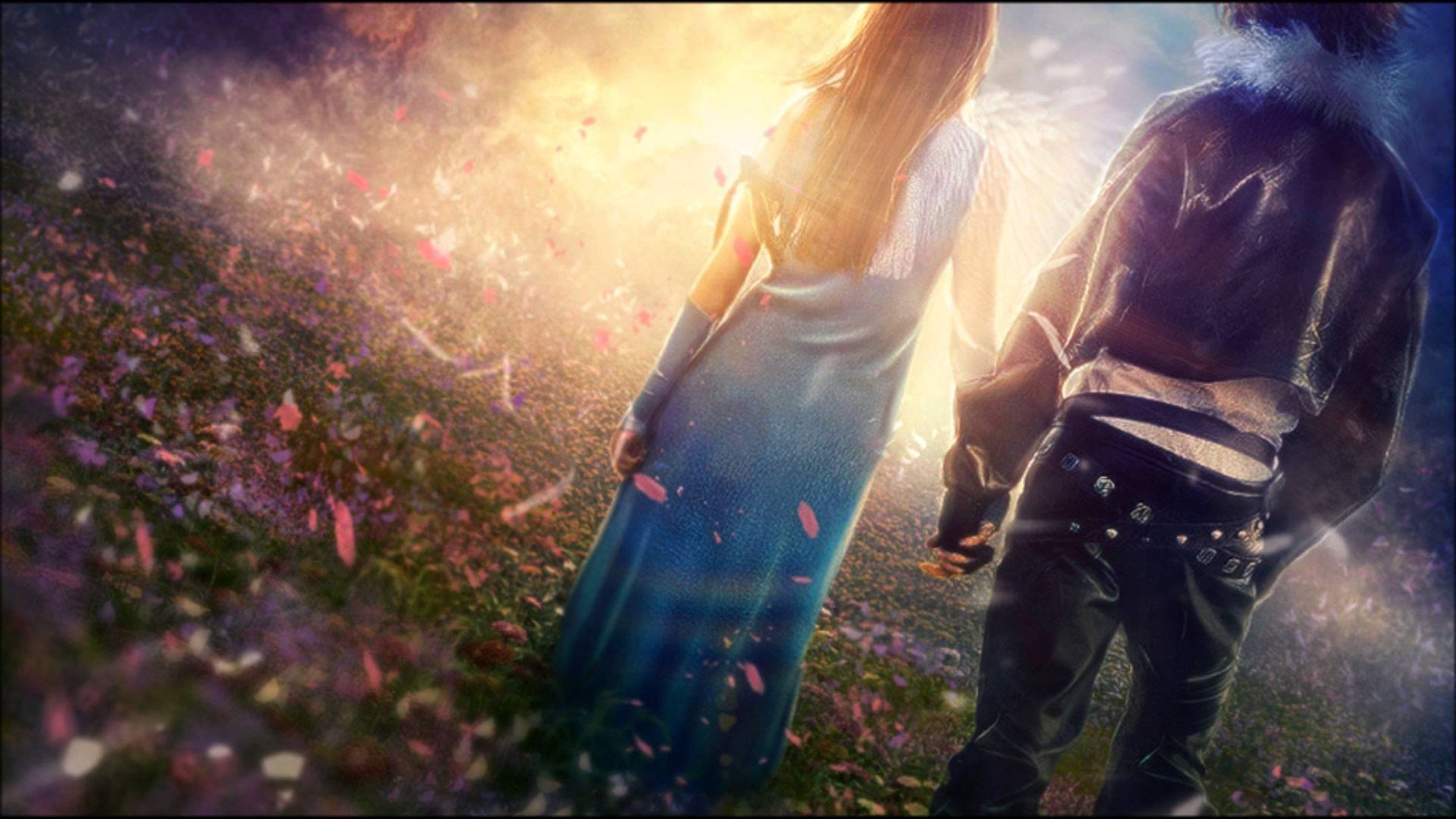 Final Fantasy 8 Rinoa與Squall 壁紙 — 一對情侶手牽手漫步在發光的花田中，頭頂是絢麗的夕陽天空。