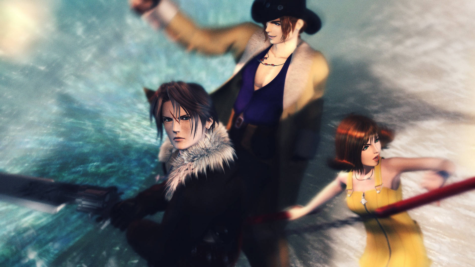 Final Fantasy 8 小隊 壁紙 — 三個動漫角色在湍急的水中站立，帶有動態模糊和戲劇性燈光。