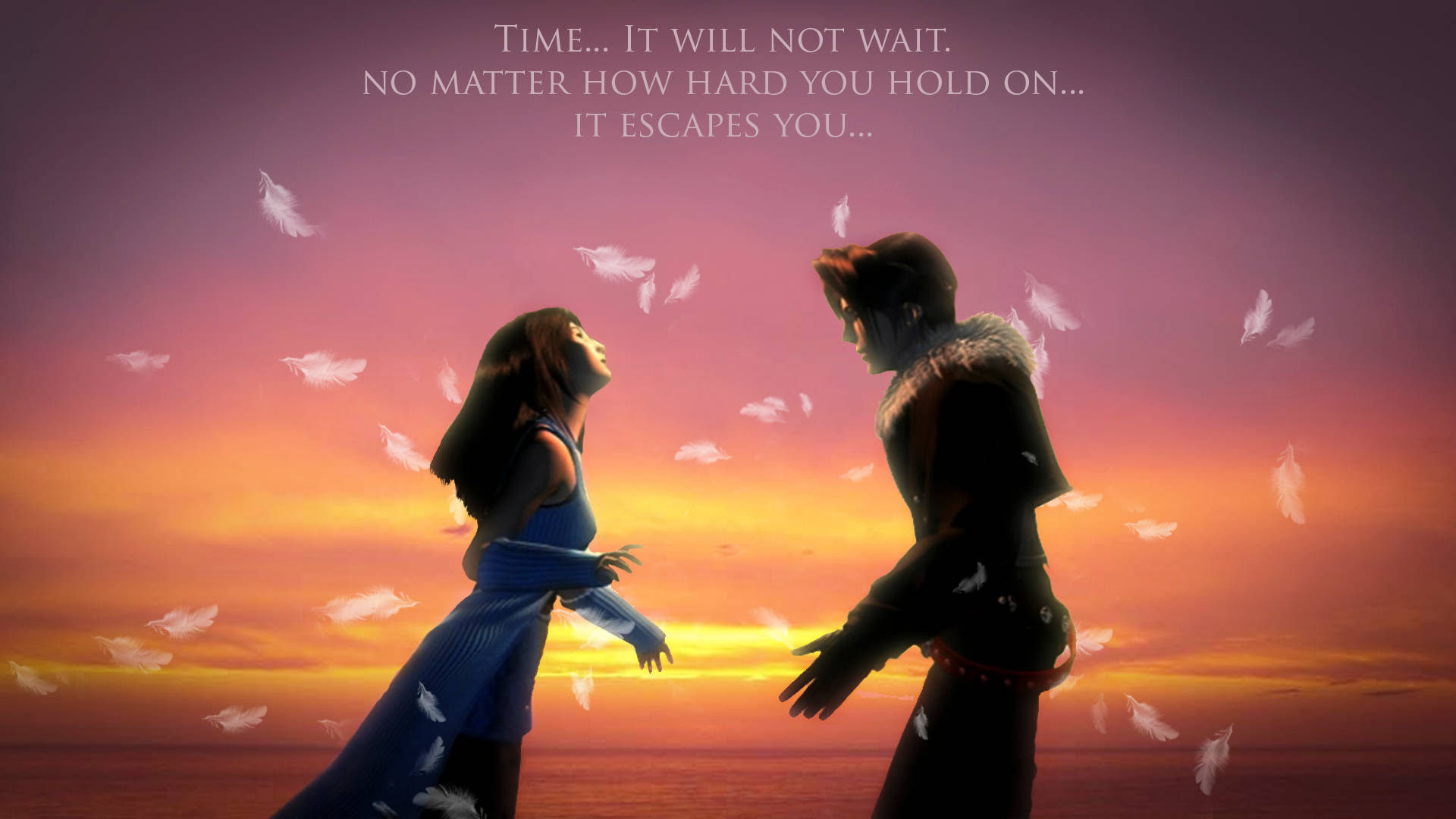 Final Fantasy 8 - 浪漫姿態 壁紙 — 兩個剪影人物在充滿活力的日落天空下相對而立，白色羽毛在他們周圍飄落。