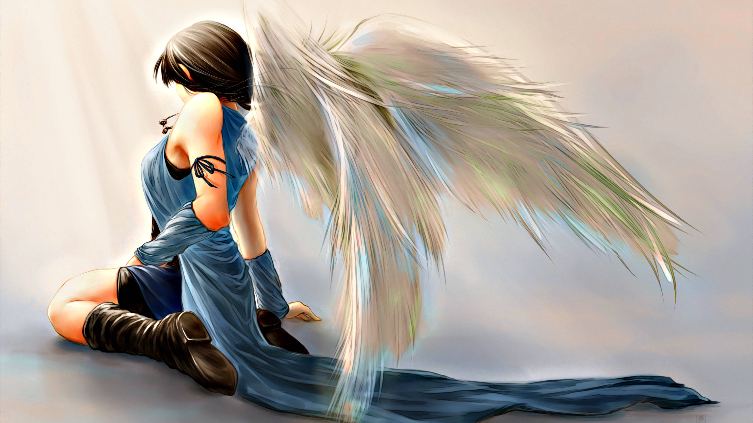 Final Fantasy 8 翅膀藝術 壁紙 — 一個跪著的動漫天使，擁有白色羽毛翅膀和藍色連衣裙，背對著坐在柔和的光線中，散發出安靜的憂鬱。