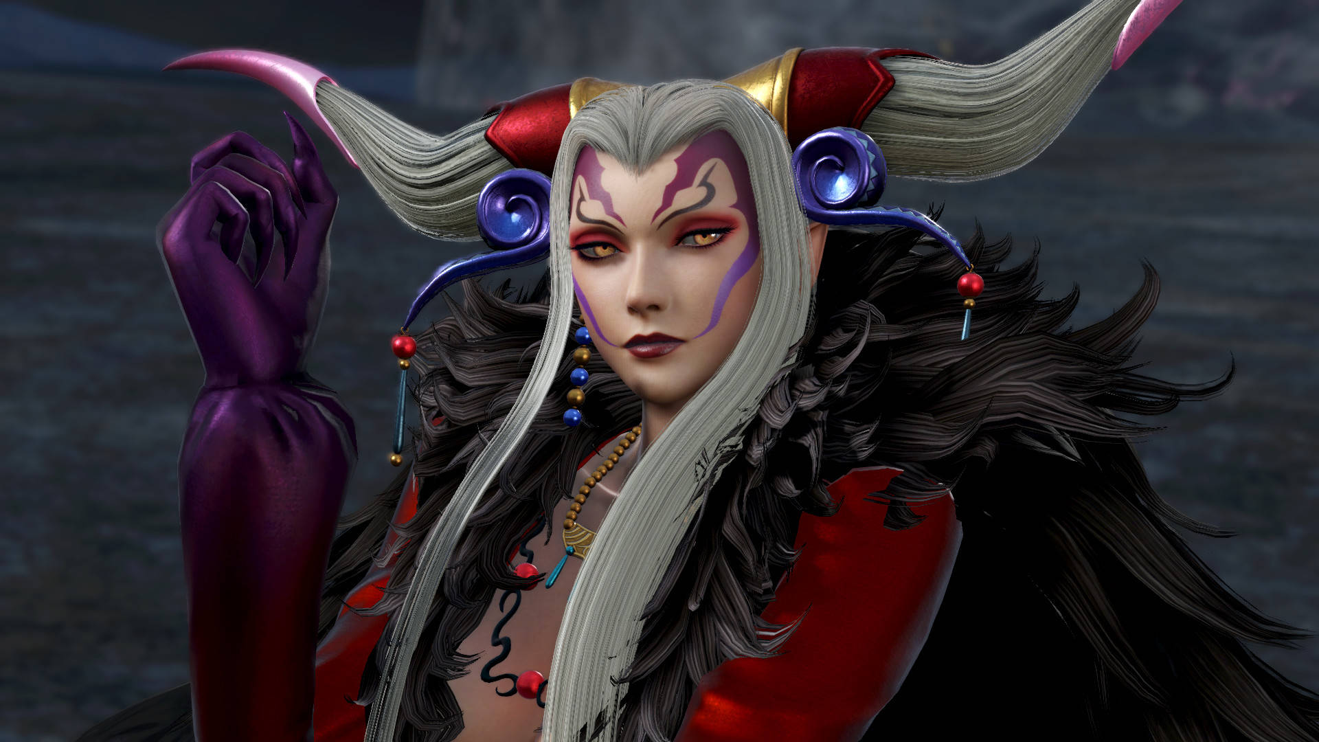 Final Fantasy 8 女巫Ultimecia 壁紙 — 一個幻想動漫角色，銀色頭髮和紫色角，在黑暗的水景背景下戲劇性地擺姿勢。