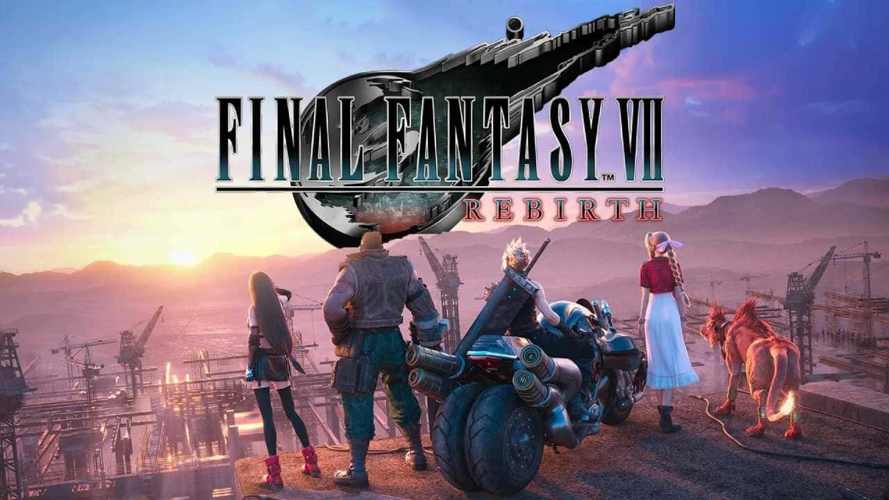  壁紙 — 《Final Fantasy VII Rebirth》角色站在夕陽下被毀的城市景觀上，一艘巨大的戰艦在他們頭頂若隱若現。