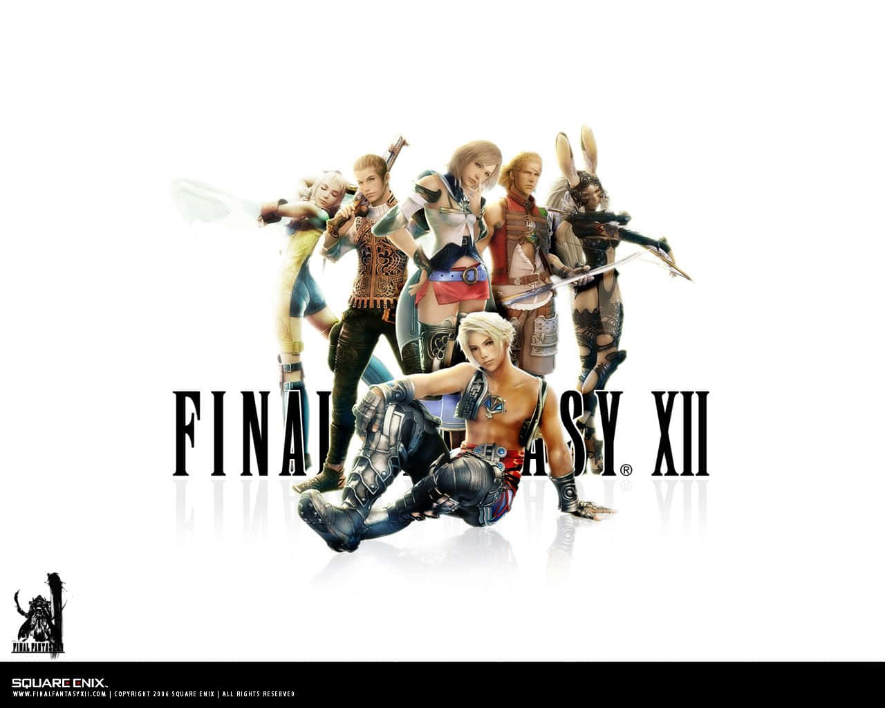 Final Fantasy Xii 桌布 壁紙 — Final Fantasy XII 角色在純白背景上以粗體標題文字動態擺姿勢。